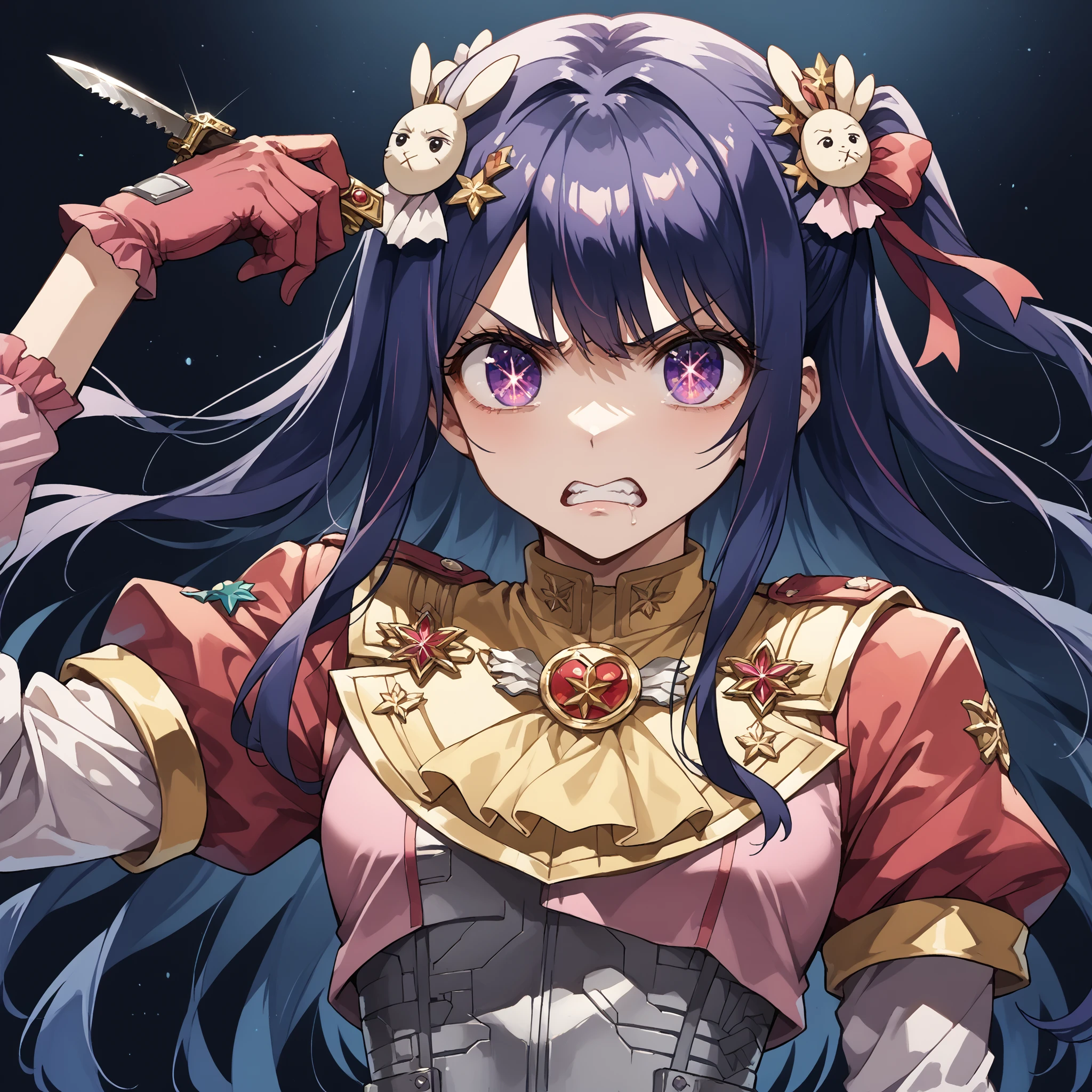 score_9, score_8_up, score_7_up,source_anime,BREAK,
hoshino_ai_oshi_no_ko,
dressed in a body uniform that has a dagger pierces the Earth or globe. metallic silver, with deep reds, blacks, or gold accents embodied angry expression