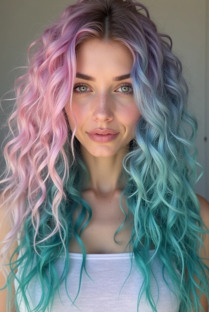 arafed woman with pink and green hair and hazel eyes, green and pink, wavy hair, colored hair, half & half hair dye, dyed hair, brightly coloured hair, two color hair, multicolored hair, half and half hair dye, pink and green, green hair, two tone hair dye, bright hair, with pink hair, colorful hair, smiling, medium bust, full body, standing on the bridge, green dress, hands up, looking away, medium brests