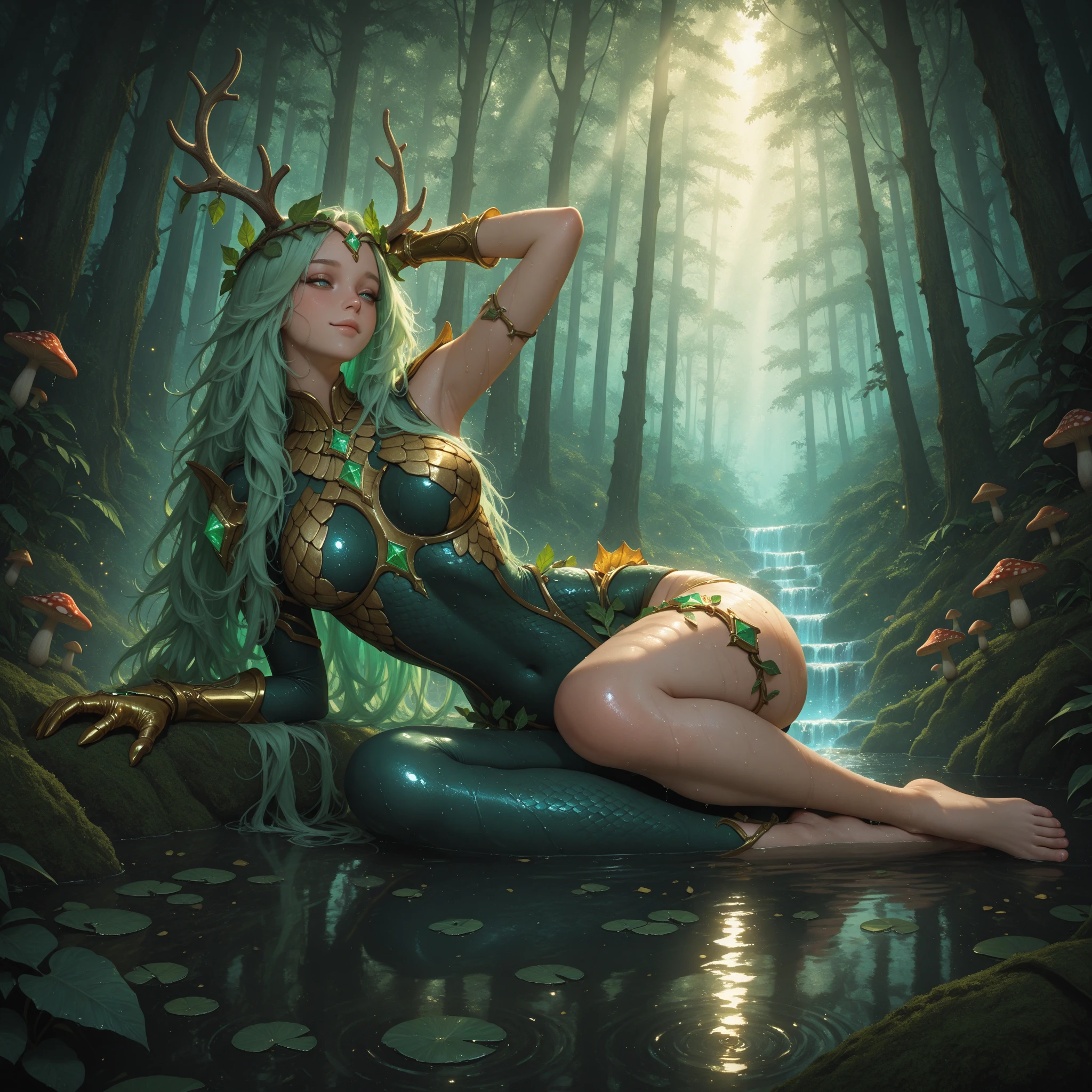 anime - style illustration of a woman sitting on a tree stump in a forest, goddess of the forest, martial artist dryad, snake skin armor forest dryad, mohrbacher, goddess of nature, druid goddess, nature goddess, karol bak and peter mohrbacher, tyler edlin fantasy art, detailed digital 2d fantasy art, fantasy art style