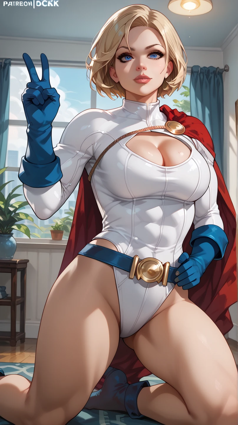 power girl, lips, smile, cleavage cutout, center opening, belt, blonde hair, blue eyes, cape, cleavage, blue gloves, highleg, white leotard, short hair, 1girl, full body, masterpiece, best quality, nsfw, exposed breasts, <lora:powerGirl_v1:1>