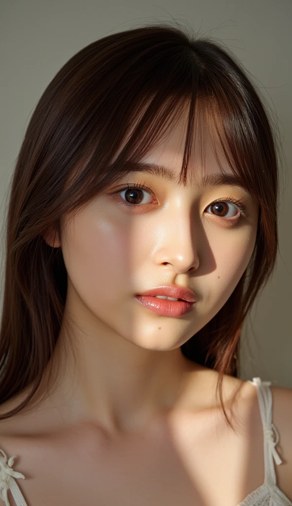 (detailed face),VIVID,normal breasts,pretty,sleeveless and turtle neck white silky clothes,4k ,super high resolution ,(photo-realistic: 1.7),white background,long hair,