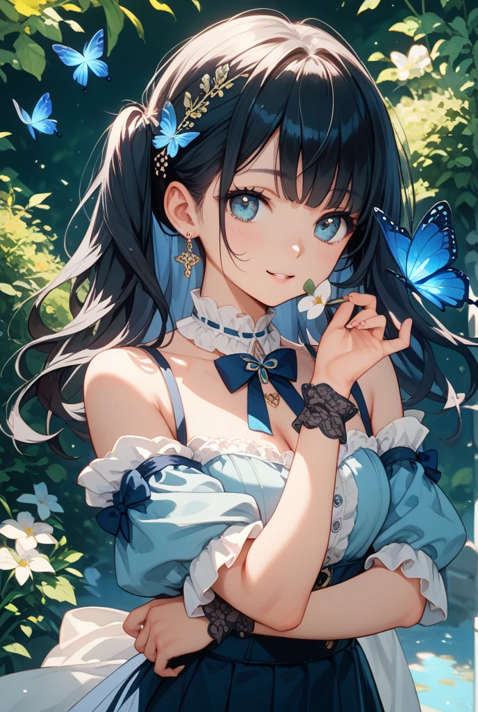 a women, blue butterfly, blue hair, pink eyes, blue dress