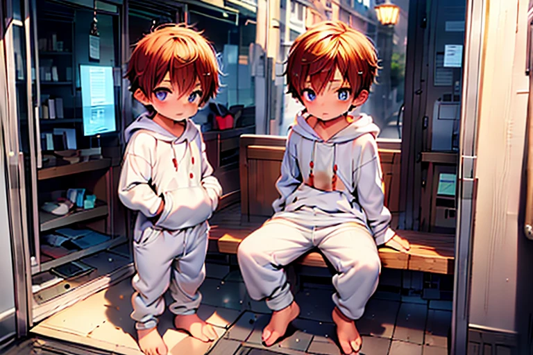 1 Little boy with royal blue colored hair and shiny, glowing red eyes and barefoot and small feet, who wear a yellow oversized hoodie and sweatpants, die auf einem Fenstersims sitzen, flush, Jung, Junge, Kind, klein, Kleinkind, tiny feet, (Jogginghose:1.4), (Jung:1.4), (Kind:1.4), (Shota:1.4), (Kapuzenpullover:1.4), (sunset:1.4),
