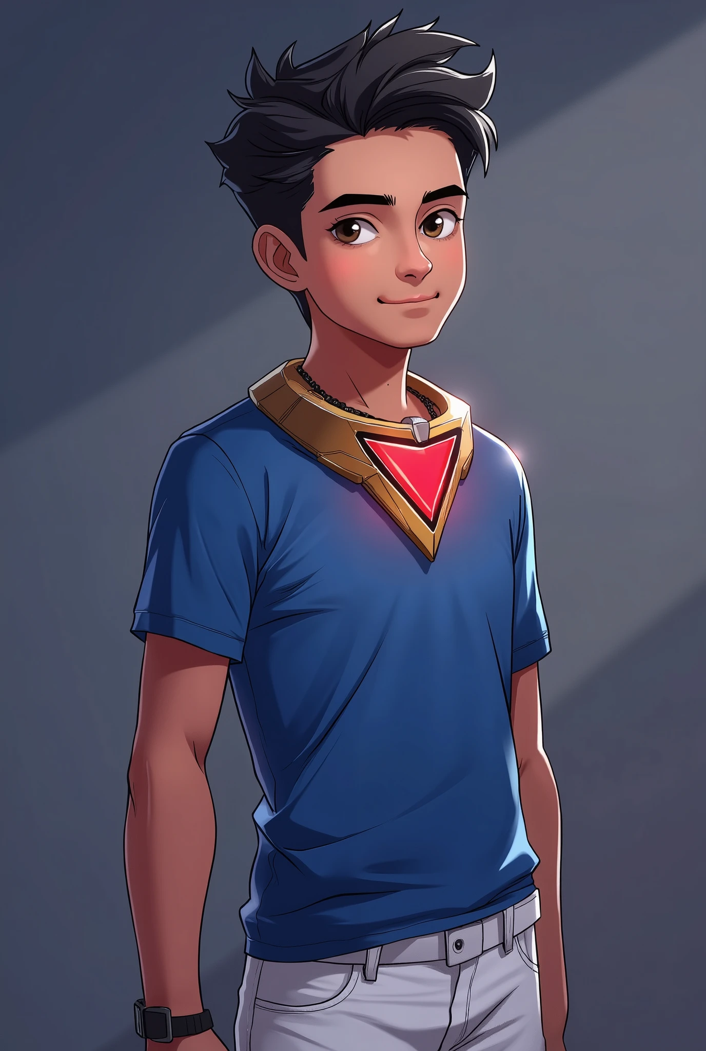 A indian 18 years old young man wearing a ben 10 Omnitrix inspired triangular locket device on his neck, red glow futuristic triangular front, device colour is gold and silver, the boy wearing blue shirt and white pants with white shoes, full body, 8k quality