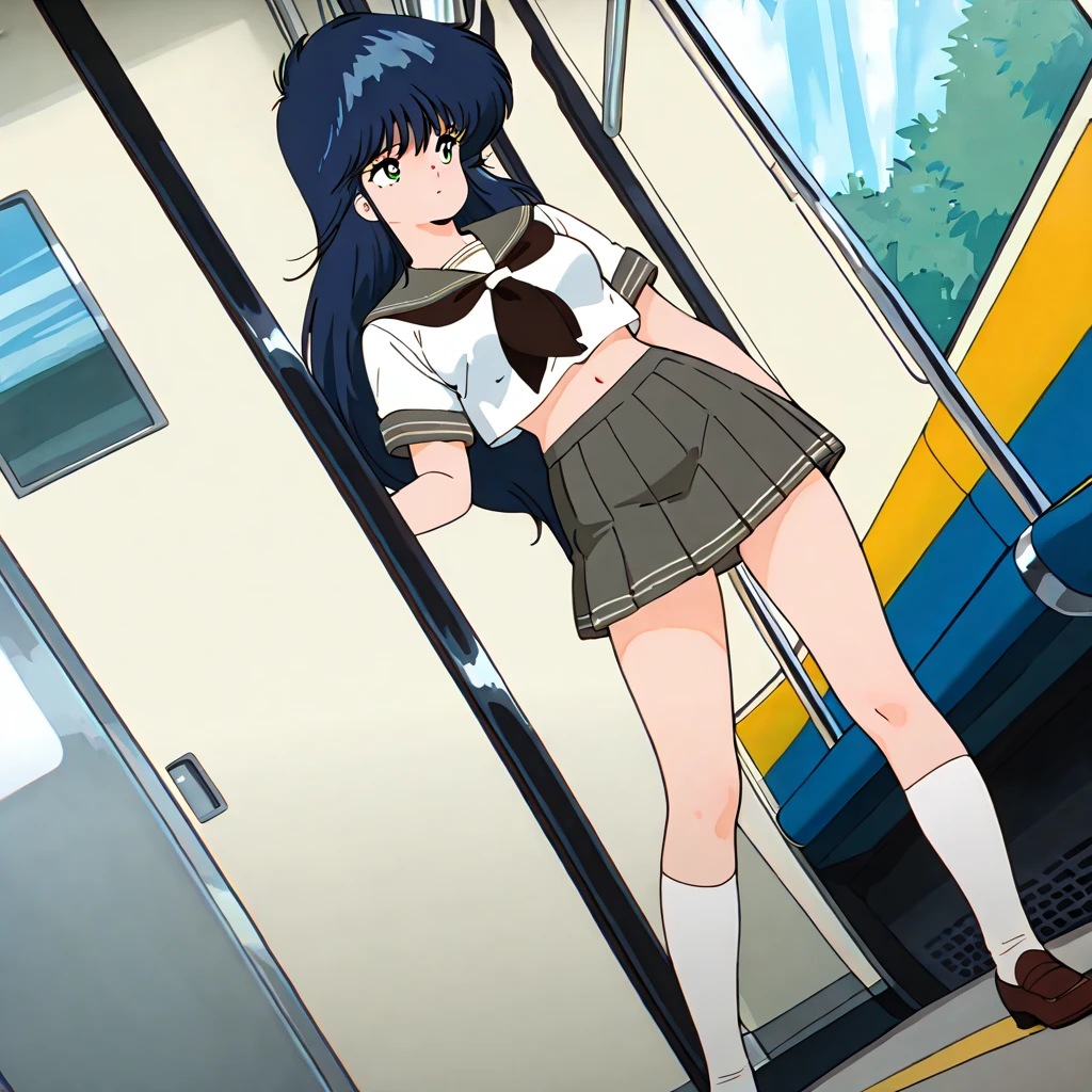 Mizushima Asa, a girl with big breasts and beautiful legs, is standing in a bus wearing a white uniform with a miniskirt and showing off her blue and light blue striped panties.。Angle from behind。