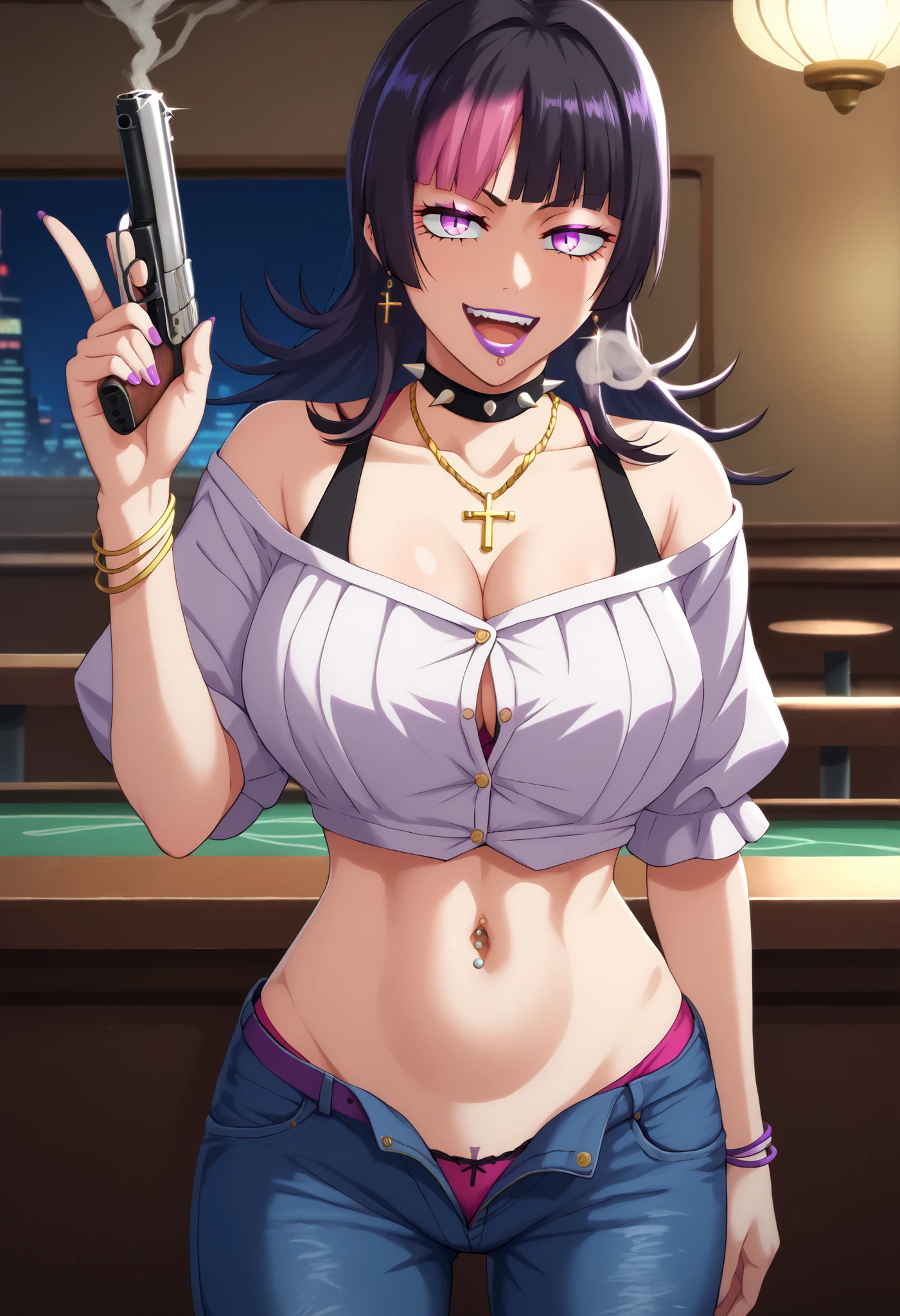 score_9,score_8_up,score_7_up,score_9,4k,HD,8k,highres,antialiasing,detailed,texture,lineart,full color,cinematic lighting BREAK kirara hoshi,1girl,solo,looking at viewer,,kirara hoshi,1girl,solo,looking at viewer,shirt,black hair,pink hair,purple belt,multicolored hair,navel,,jewelry,purple eyes,spikes choker,midriff,belt,pants,off shoulder,bracelet,mount piercing,piercing,crop top,collar spikes, ear piercing, long hair, lipstick,Hot girl, baddie, smoking, bad attitude, mean girl, sensual, attractive, ,cross necklace, bar background, inside bar, indoors, cityscape, casino, nightclub, city lights,, pull_down jeans(show off panties,:1.2, no panties),masterpiece,high quality,4k,belly,,holding pistol,cleavage, ,unbuttoned shirt, collared shirt, knot, smile, open mouth, (nsfw) not safe for work, evil expression,belly, exposed navel, exposed midriff, exposed lower belly,dragon print jacket, unbuttoned jeans , low rise black jeans, Low rise jeans with open fly, , criss-cross halter, shoulder holster, navel piercing, medium large breast ,looking at viewer , dragon tattoo on waist, narrowed eyes, tattoo on waist, anipai_style , anime screencap , anime coloring