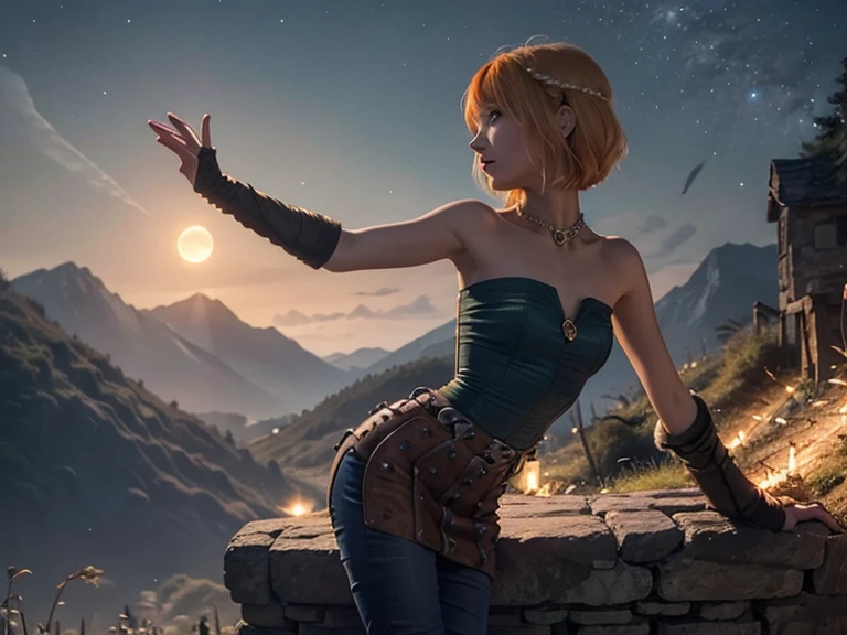windy skirt, (masterpiece, best quality, ultra-detailed), (beautiful detailed face, beautiful detailed eyes, volumetric lighting),
1girl, solo, (dutch angle:1.2), 
twin drills hair, orange hair, (yellow eyes:1.1), small breasts, 
earrings, jade luxury fabrics, (dark brown bandeau, panties),
mksks style, (beautiful detailed canyon at  evening:1.2), (light particles, lens flare, chromatic aberration:1.3),