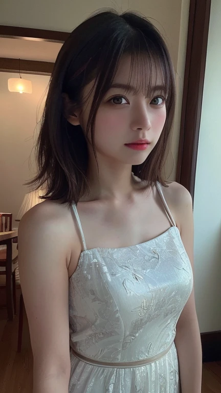 camisole、Dark Room、bed、Embarrassed face、Short hair with bangs