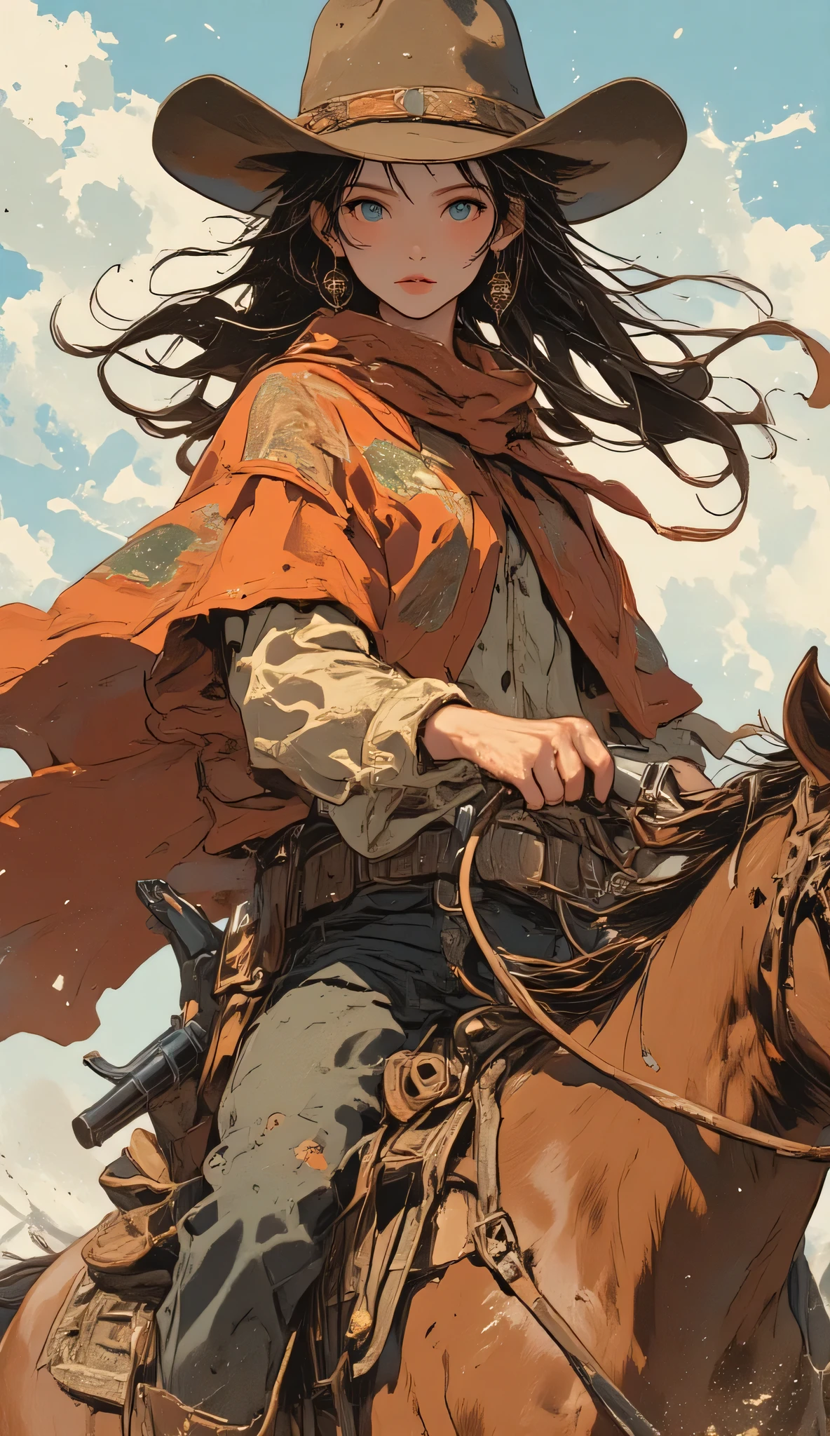one female, ((Highest quality)), ((masterpiece)), (detailed), ((very detailed face)), High resolution photograph, ((full body portrait)), slim face, pretty woman, (Dark brown long hair), blue eyes, detail eyes, double eyelids, (Beautiful Delicate Eyes and Lips), Good light, (A female Gunfighter in her 30s wearing a cowboy hat and cowboy boots,She wears a gun belt with a Colt Single Action Army revolver on her hip), A scene reminiscent of a movie from the Wild West in the American wilderness, She is wearing a Western-style red-brown Mexican poncho, nsfw,(She is riding a horse through the wilderness kicking up dust), (realistic chestnut horse:1.3), (her long hair is blowing in the wind), ((Take a photo that shows the whole of the woman and the horse)), A cinematic wild west scene,