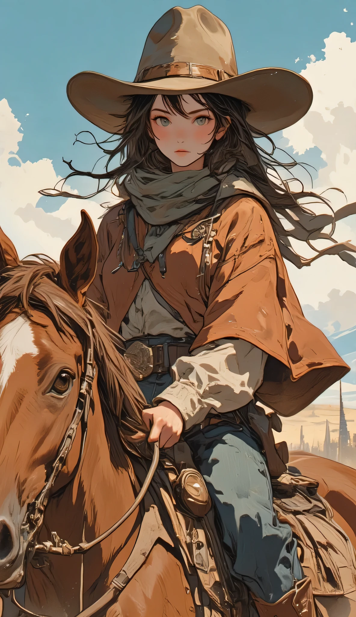 one female, ((Highest quality)), ((masterpiece)), (detailed), ((very detailed face)), High resolution photograph, ((full body portrait)), slim face, pretty woman, (Dark brown long hair), blue eyes, detail eyes, double eyelids, (Beautiful Delicate Eyes and Lips), Good light, (A female Gunfighter in her 30s wearing a cowboy hat and cowboy boots,She wears a gun belt with a Colt Single Action Army revolver on her hip), A scene reminiscent of a movie from the Wild West in the American wilderness, She is wearing a Western-style red-brown Mexican poncho, nsfw,(She is riding a horse through the wilderness kicking up dust), (realistic chestnut horse:1.3), (her long hair is blowing in the wind), ((Take a photo that shows the whole of the woman and the horse)), A cinematic wild west scene,