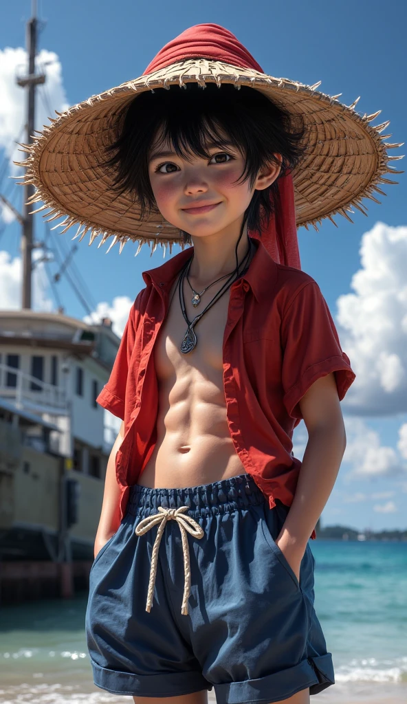 Luffy has black shaggy hair, round black eyes, and a slim muscular build. He is renowned for his trademark straw hat, which was lent to him when he was young by the legendary pirate captain, "Red-Haired" Shanks,[35] who in turn received it from Gol D. Roger.[43] Luffy wears an open, long-sleeved red cardigan with four buttons, with a yellow sash tied around his waist (somewhat reminiscent of Gol D. Roger's outfit). Luffy also has a (scar underneath his left eye), which he earned as a child by stabbing his face to show Shanks that he was tough enough to be a pirate.[44] He was severely wounded by Akainu in the Summit War of Marineford,[45] leaving a large X-shaped scar on his chest.[46]