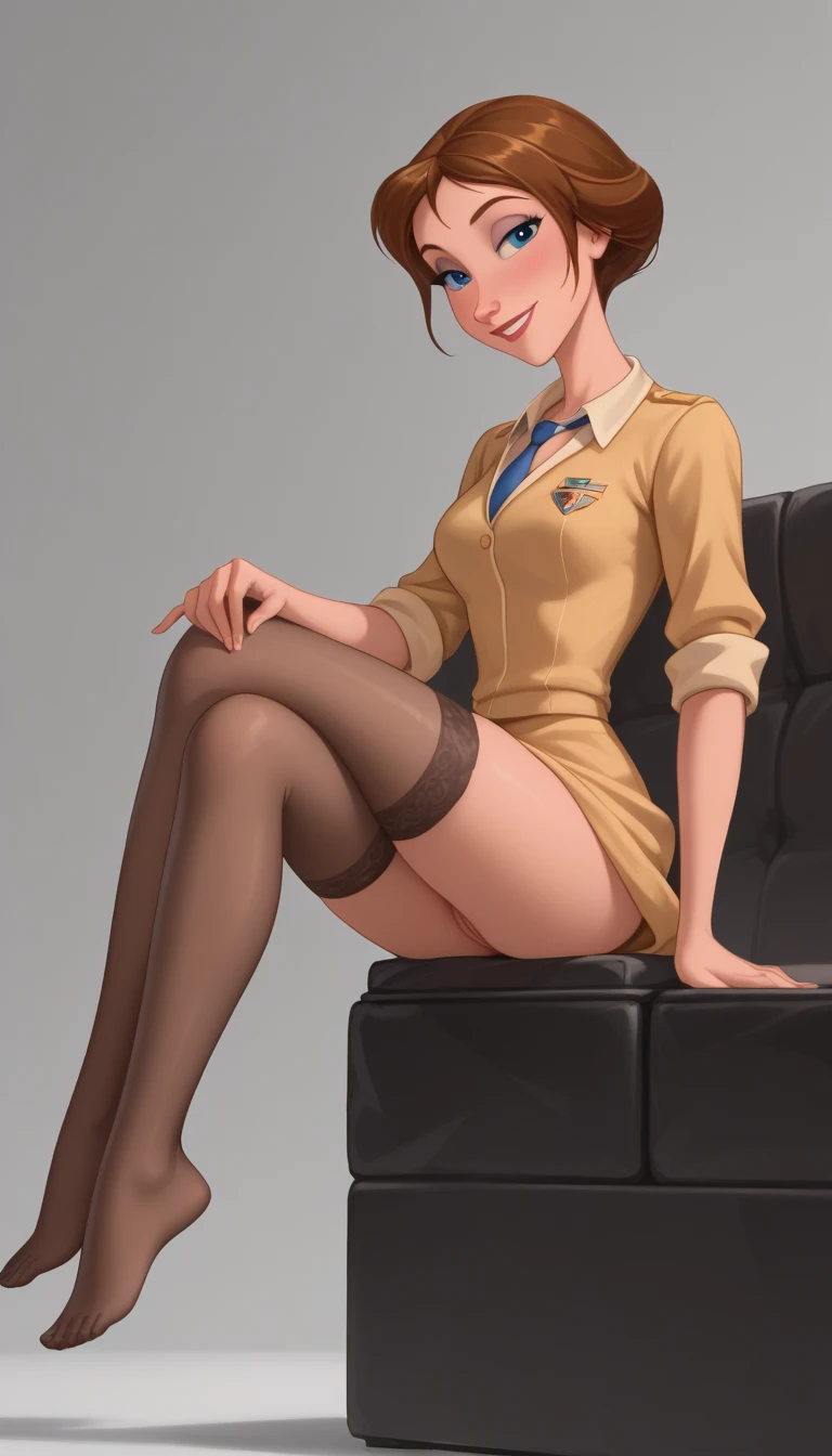 ((best quality)), ((masterpiece)), (detailed), perfect face Flight attendant wearing cap, bowtie, gloves and long sleeve tuxedo leotard squatting barefoot. Painted toenails