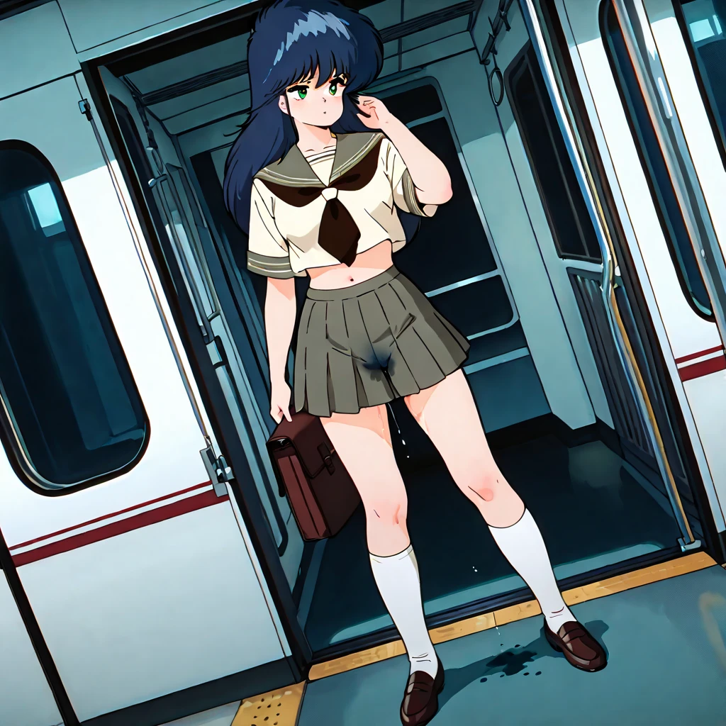 ((masterpiece)),((best quality)),ultra-detailed,illustration,????????,Beautiful body,Beautiful Nose,perfect eyes,perfect face,wallpaper,ultra highres,4K,photography,anime screencap,official style,shiny skin,faint lips,BREAK,nsfw,1girl,solo,Akane_tendo,Blue hair,furinkanuniform,slender,BREAK,blush embarrassed ,tears,closed eyes,looking side,cameltoe,pussy juice stain,lift skift,show white panties,(cowboy shot:1.2),from forward,on the train