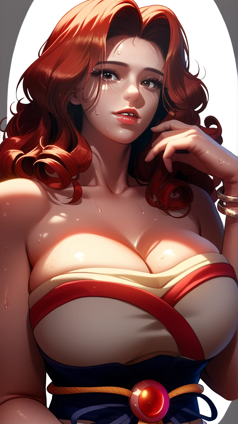 1girl, solo, best quality, 4k, masterpiece, best quality, demon, best quality, beautiful face with a smirk, dark brown skin, curvy, big breasts, big ass, red hair, red mini dress, girl sitting on a man’s back