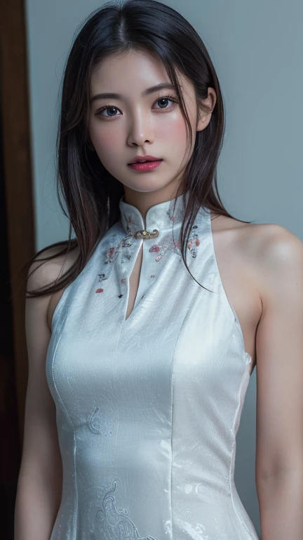 (Highest quality:1.4),(masterpiece:1.4),(Realistic:1.4),(Realistic:1.2),(超High resolution, RAW Photos:1.4),(High resolution, Very detailed:1.2),(8k:1.2),Movie Photos,a photo of a dark-haired,One Girl,alone,wear ,((China dress))、((Upper Body:1.3))