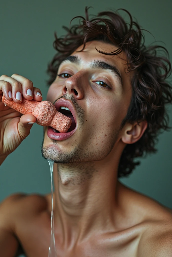 a 22 years old latin tattoed boy fully naked, muscle body, fade wavy short hair, pleasure moaning flushed face, the man is a sexy guy, impor chest, large bulge, cock out, hard cock, he has wide shoulders, the man is sucking a realistic dildo, photo realistic, ultra realistic, realistic details, realistic features, Real Photo, Real Men body, UHD, HDR, HDR10, 8k, global illumination, realistic shadows, natural bright, realistic colors