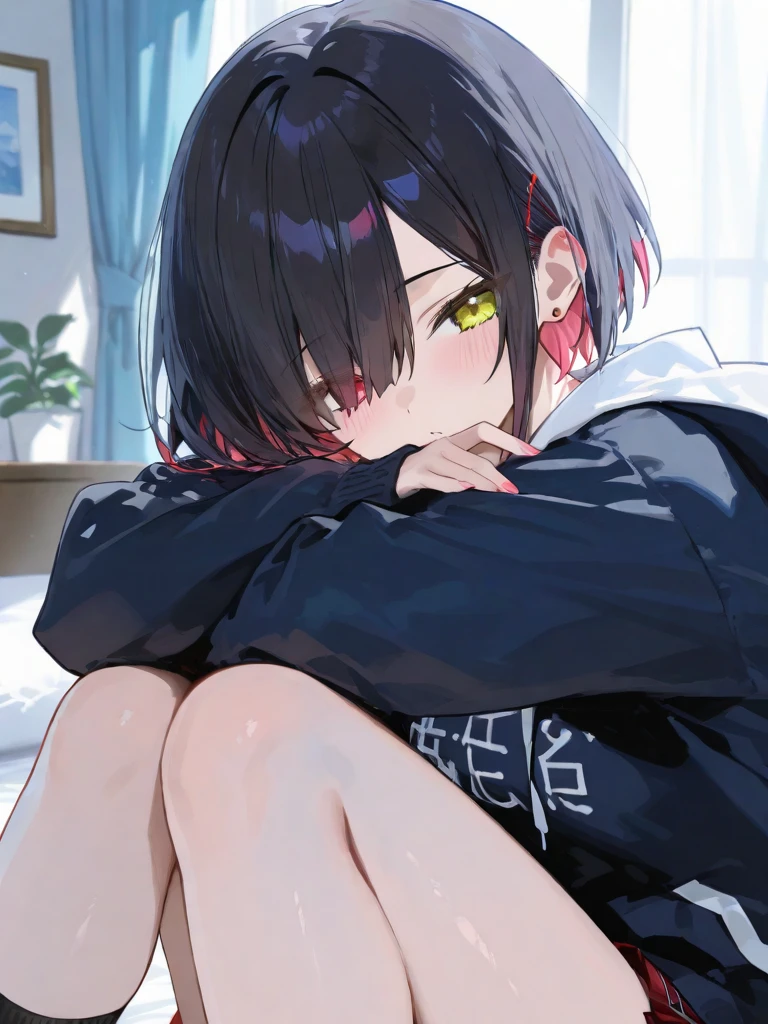 1 girl, Short black hair, has cat ears, wears a collar, sleeps and wears a large white shirt. White bedroom background, , , fleshy legs, white stockings, eyes closed