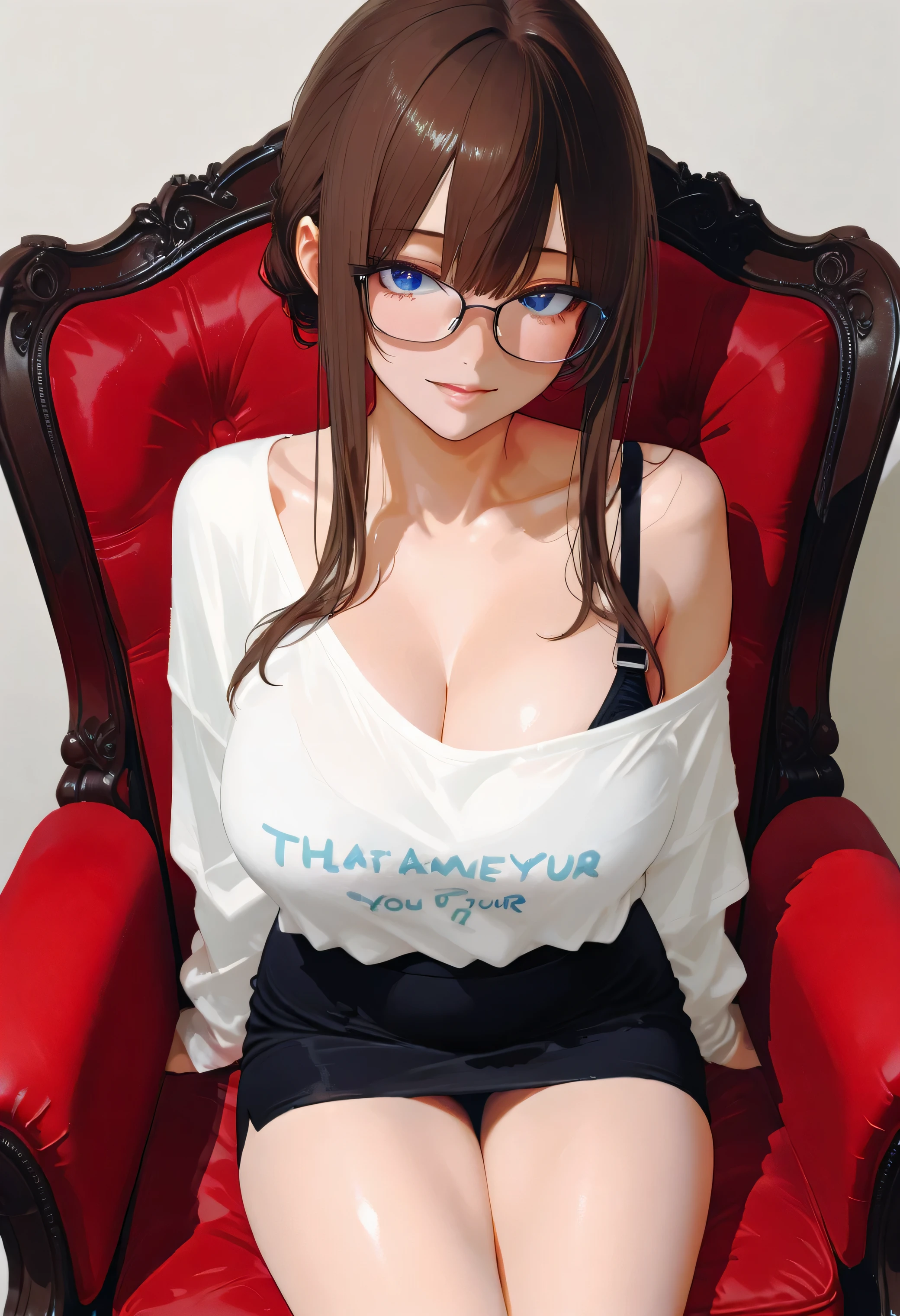 girl with headphones and a red shirt with a message, (sfw) safe for work, top floor boss shit, thicc, corporate boss, ; visual novel, from girls frontline, oppai, promotion artwork, visual novel, official artwork, official art, sie boob, fine details. girls frontline, ceo, noire moody scene, waifu