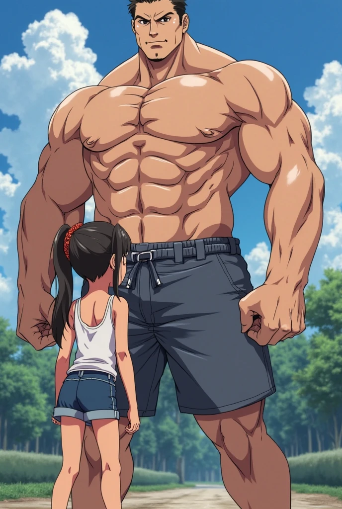 Woman in black bikini and small man in white shirt, weak and small man, thin and small physique, Very beauthful. , ,weak and defenseless man, small physique, , muscular ultraviolent woman, muscular and scary, absurdly huge physique, big muscles, extremely muscular woman, woman stepping on man, small man being stepped on by woman,