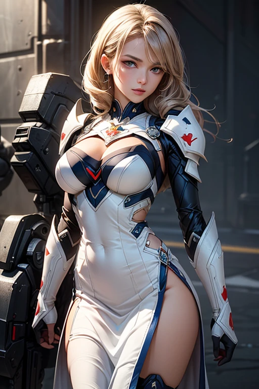 (dynamic fighting pose),(leather boots,(asymmetrical mecha armor),(long embroidered white lace dress,see through,lift up the hem of the dress)),(random hairstyle),(Thin type:1.8),(large breasts),(Highest image quality,(8K), Ultra-realistic, Best Quality, High quality, High Definition, high quality texture, high detailing, Beautiful detailed, fine detailed, extremely details CG, Detailed texture, realistic representation of face, masterpiece, presence)