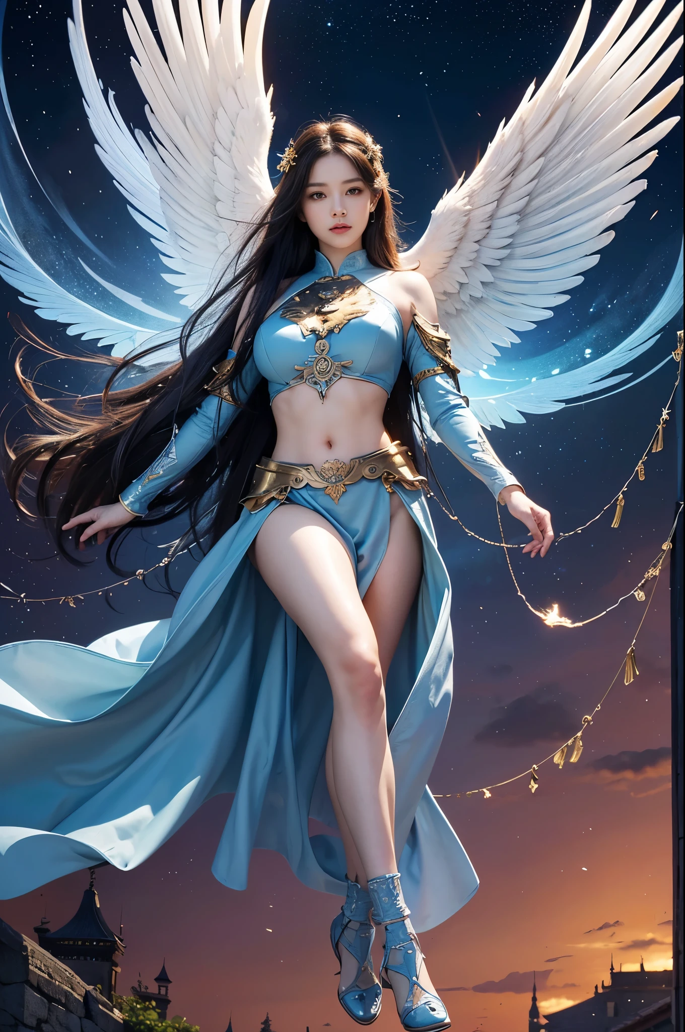 modelshoot style, the most beautiful artwork in the world featuring a (gothic angel cute woman in skirt:1.2), ((navel :1.5)), (( red and indigo dress:1.2)) cute pose infront of a gorgeous glowing temple full of fireflies flying around, large detailed wings, (dark force:1.3), 35mm lens, f/1.8, 8K, clear facial features, (cinematic action scene:1.2), accent lighting, global illuminatio, trending on ArtStation, trending on CGSociety, Intricate, High Detail, Sharp focus, (dramatic:1.1), photorealistic painting art by midjourney and greg rutkowski