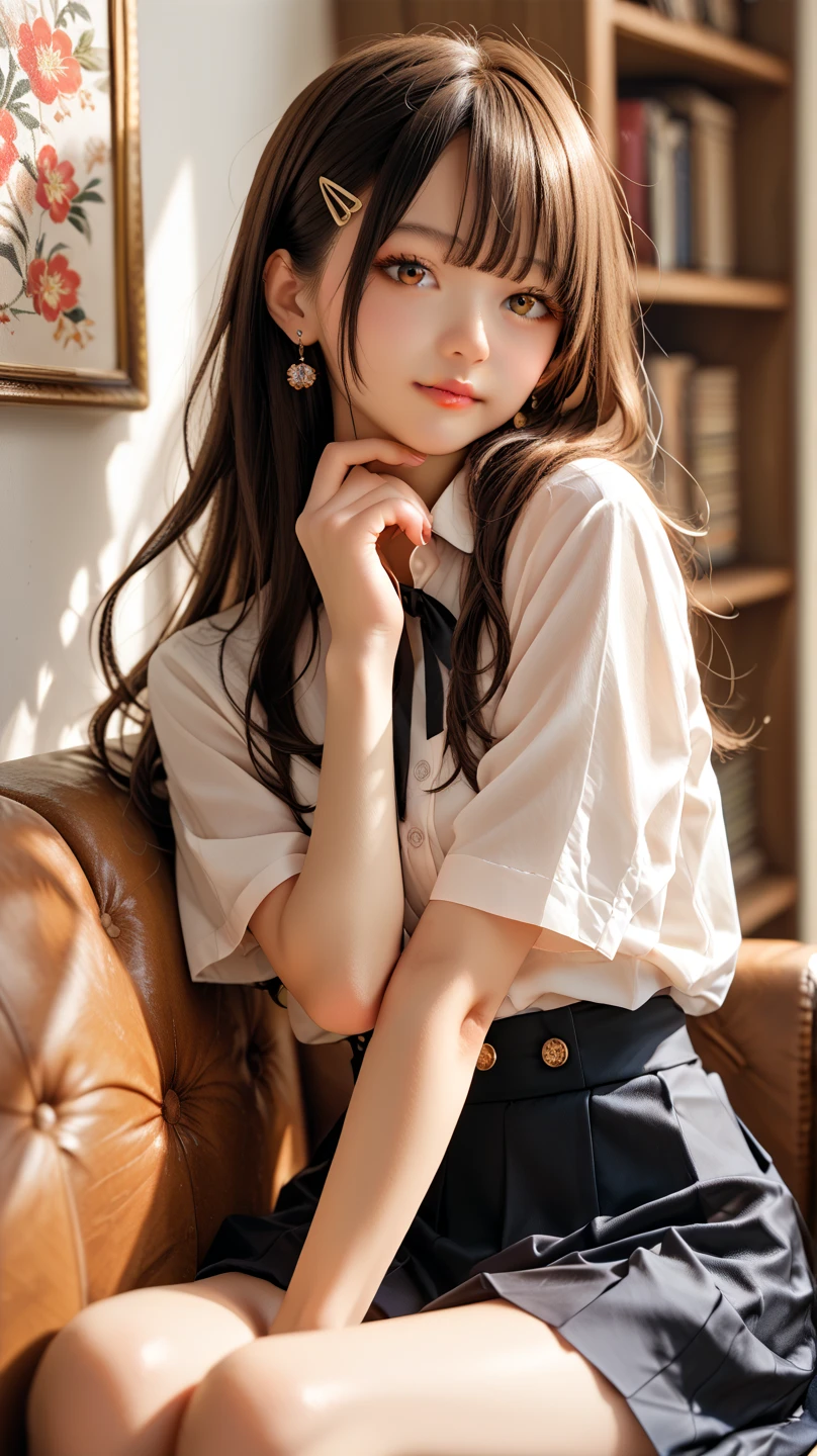 (masterpiece, Highest quality:1.2), One girl, alone,bony body、15 years old、master piece , best quality , detailed , blouse , skirt , sitting , (from side) , bed room , indoor