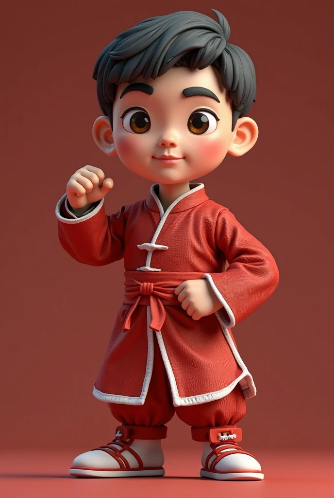 Hyper realistic caricature image of an Indonesian man with full body, short KPop style hair, oval face, wearing a black long-sleeved cheongsam shirt (sleeves rolled up to the elbows), white shirt borders (white shirt collar edge), plain black jogger pants and white socks, Traditional Chinese slip-on shoes (Wing Cun shoes) in black. standing facing the camera with arms crossed on his chest, detailed HD quality cinematic 3D rendering