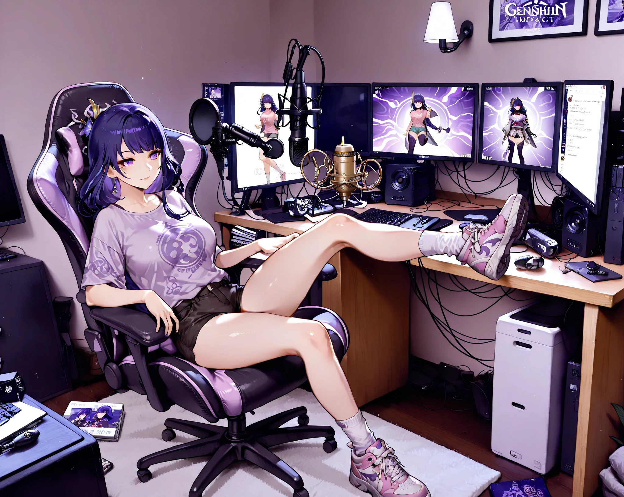 Girl doing live in front of the gaming PC sitting,
She has her feet on the table,
And leave it in a fisheye lens
