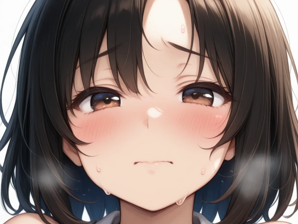 (best quality), (Super detailed), (Best Illustration), (nsfw), (1woman), look at viewer, from side, (white serafuku), (clothes lift), (cum:1.2), (show off nipples:1.2), (show off breasts:1.2), (large breasts), (embarrassed), nose blush, {brown hair, (bob cut:1.2), curly hair, hairs between eyes}, {(detailed eyes), twinkle(in the eyes), blue eyes}, sweat, (tears), steam, (girl trembling with sexual climax),
