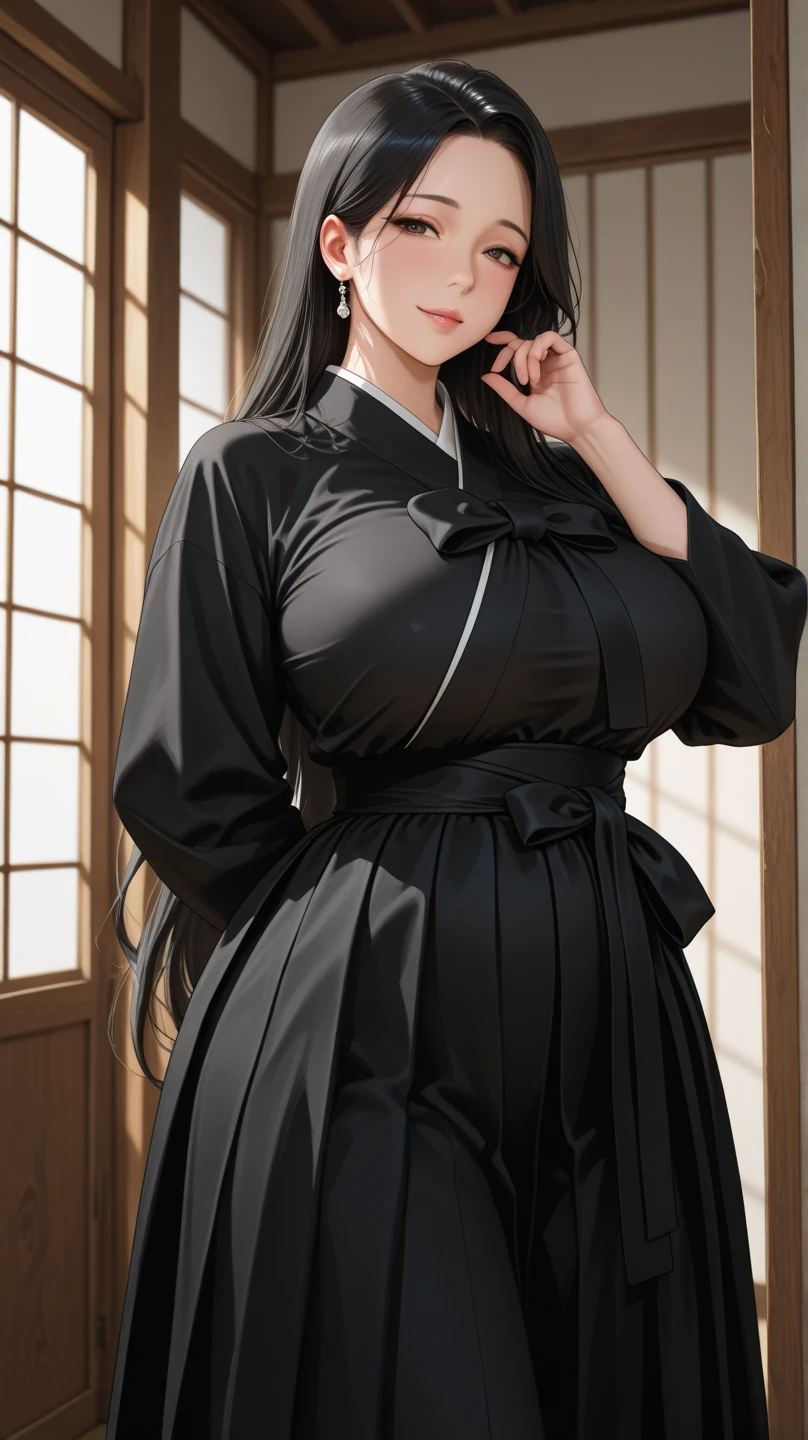 ((Best Quality)), ((masutepiece)), (Detailed), (highlight), Perfect face、Young girl with detailed face showing cleavage、Long, thick, glossy, beautiful black hair with blunt bangs、Single-color background、standing wearing a patterned kimono、