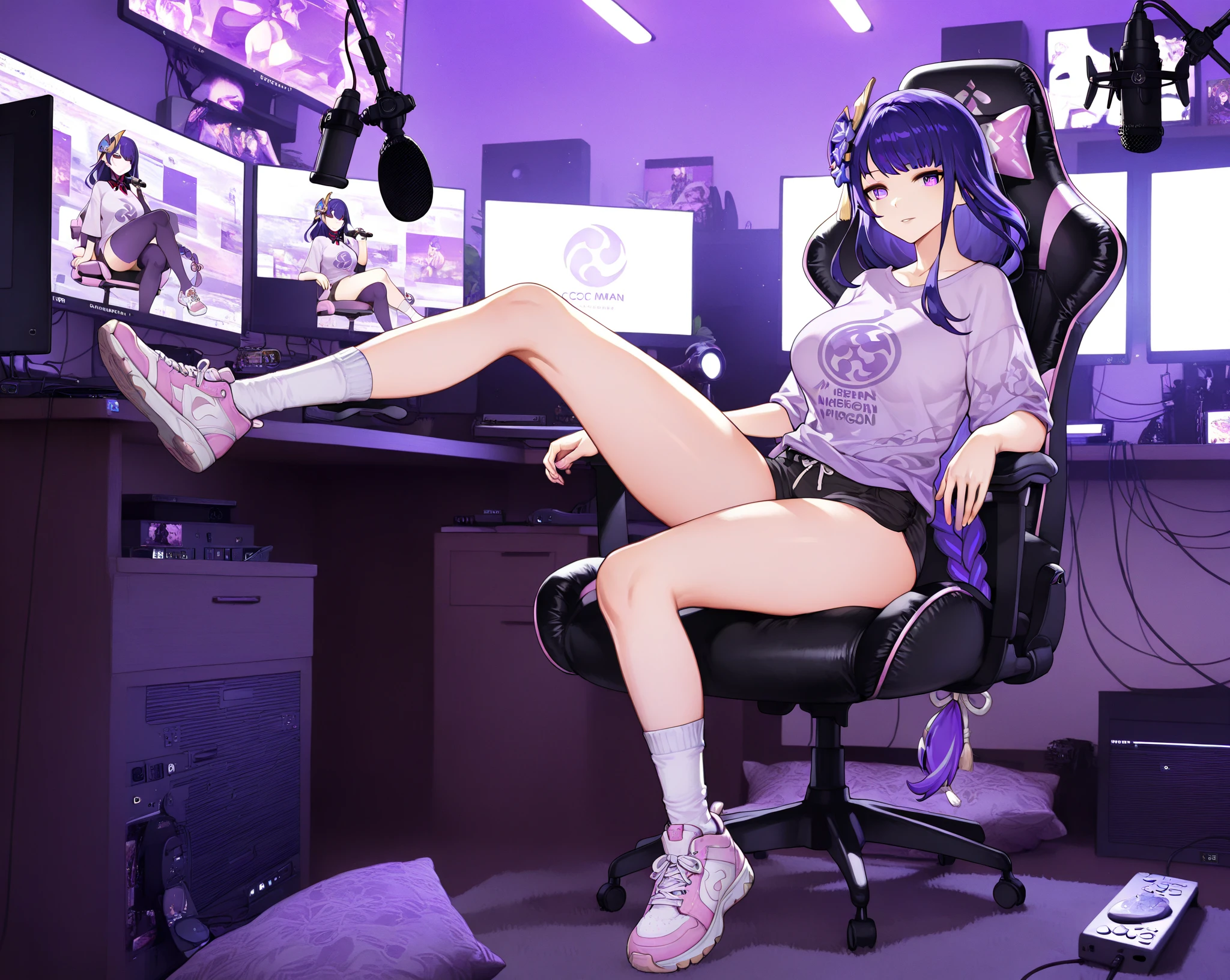 Twitch gamer girl (open legs, cute geek, a little belly, slutty outfit, cat ear headset, lewd flirting, expensive gaming chair) video controller nearby, turned to face viewer
