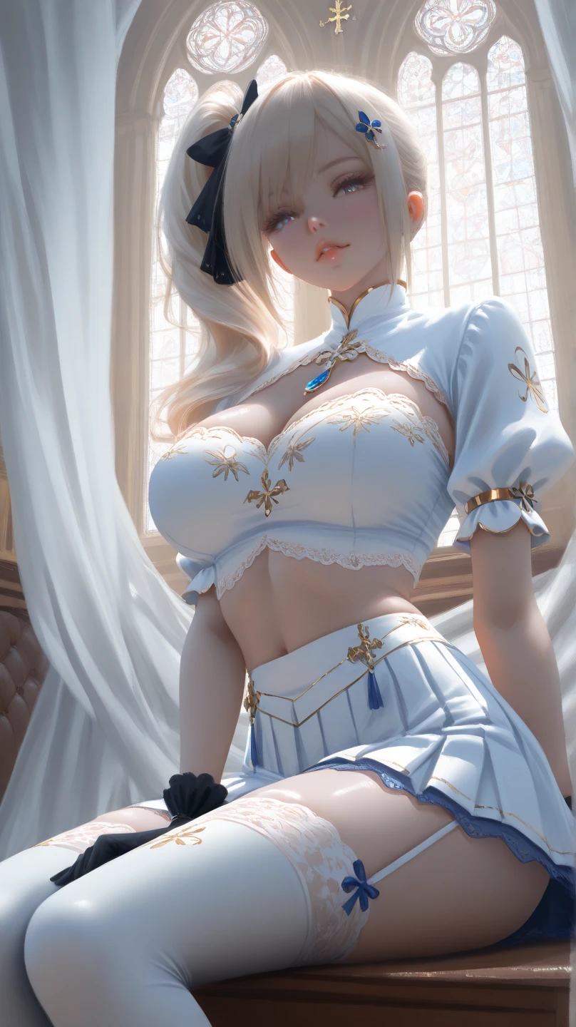 from behind,backwards,stretching,1girl,(ultra detailed skin),curvy,,beautiful breasts,large breasts,pale skin,pointy breasts,erect nipples,(fantasy art,Highest image quality,Hyperrealist portrait,(8k),ultra-realistic,best quality, high quality, high definition, high quality texture,high detail,beautiful detailed,fine detailed,extremely detailed cg,detailed texture,a realistic representation of the face,masterpiece,Sense of presence,Dynamic,bold),bob hair,(thin hair),(soft hair),(straight hair:1.5),Swept long bangs,extra light coppery amber hair,hair over one eye,(have a sword,leather boots,asymmetrical armor,(long embroidered white lace dress,see through,lift up the hem of the dress))