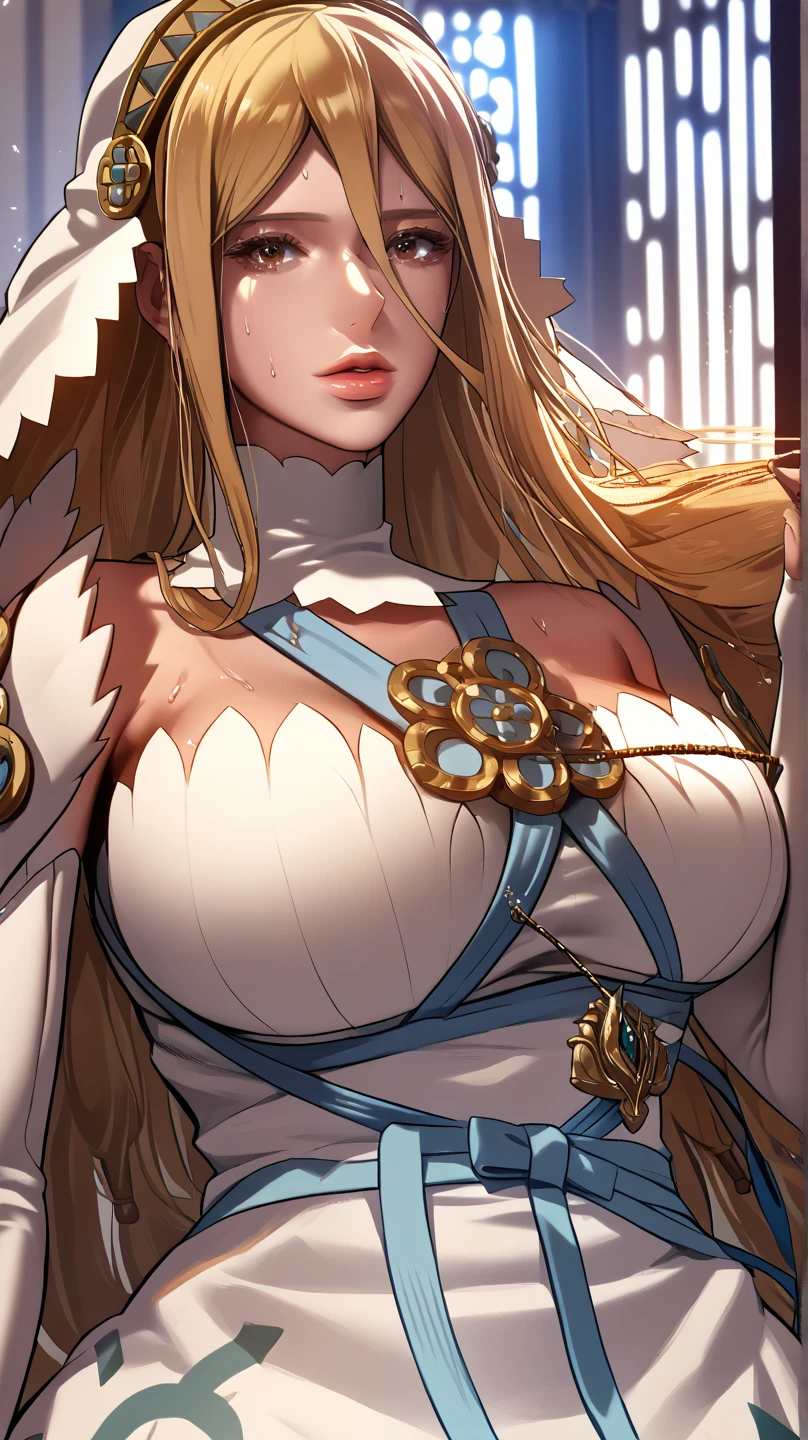 ((masterpiece, high quality)), Princess Zelda, Hair: blond, short. Face: cute, pouty lips, green eyes, pink cheeks. Body: slim, big tits. Clothes: office strict clothes, like a teacher's. Accessories: large gold earrings