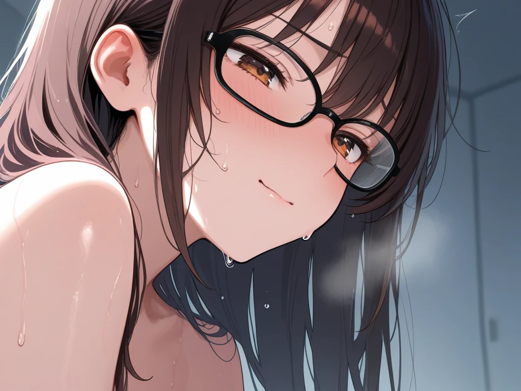 ultra-detailliert, Best Quality, hight resolution, animesque、 ((A cute, petite naked girl with dark hair and droopy eyes is wearing rounded glasses and looking up.)), Looking at Viewer, pale skin, (((Petite))), (flat chest:1.4), (blush:1.2), (big eye:1.4), (tareme:1.4), in a pool, all-fours, Long hair, ((super close up of tongue))、(((from above))), open mouth, (((face only:1.2))), ((naked)), nsfw, saliva, close up of face, up of face, hairstyle that shows off the forehead