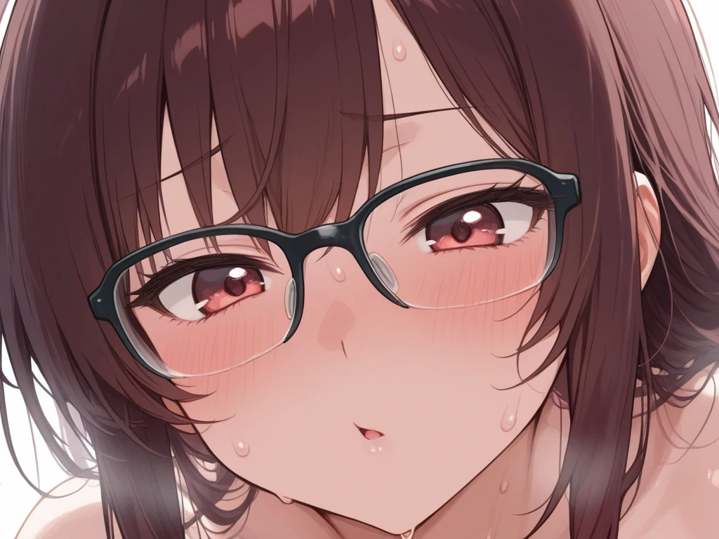 ultra-detailliert, Best Quality, hight resolution, ((A cute, petite naked girl with dark hair and sagging eyes looks up wearing rounded glasses))、Pretty eyes, Detailed eye depiction, Eye sparkle, Looking at Viewer, Open your eyes, pale skin, (((Petite))), (flat chest:1.4), (blush:1.2), (big eye:1.4), (tareme:1.4), In the park where cherry blossoms dance, Focus on the face, long ponytail hair, (((from above))), open_mouth, (((face only:1.4))), ((naked)), nsfw, saliva, close up of face, up of face, (close up face:1.4), Naked sailor suit