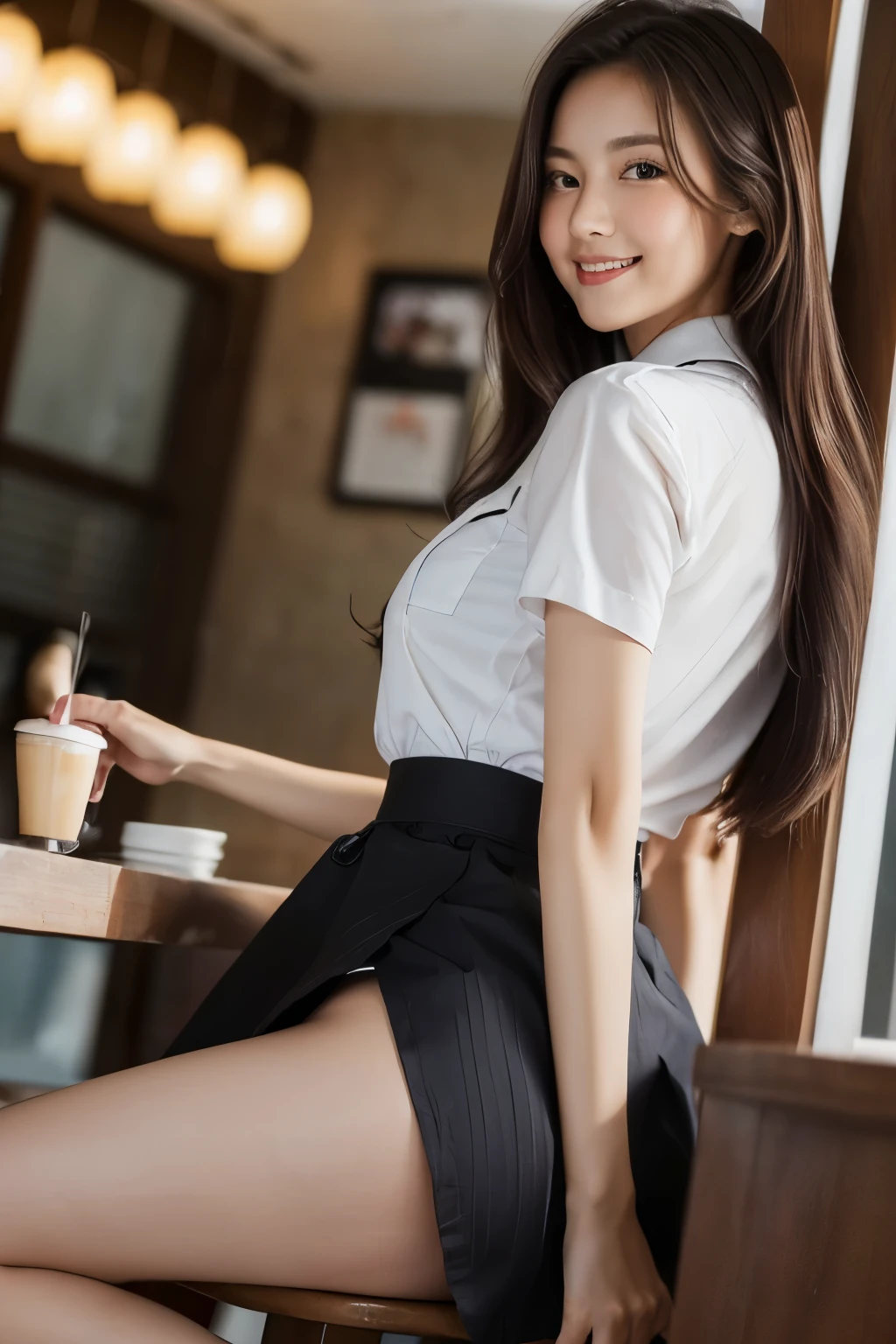1womanl、(Super beautiful)、(beauitful face:2)、(A detailed face:1.5)、(A detailed eye:1.1)、(Detailed lips:1.1)、(Detail nose:1.1)、(Shot from the knee up:1.1)、(Starbucks clerk in Japan)、(Starbucks Uniforms:1.1)、(She lifts her skirt to reveal her white panties:1.3)、(Bare legs:1.5)、Brown hair、(Standing inside a Starbucks store)、(At SFW:1.3)