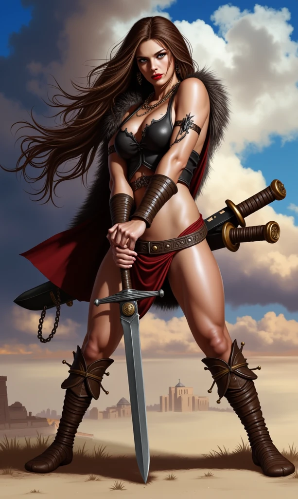 (masterpiece), best quality, expressive eyes, perfect face, ((woman warrior poster)), ((red sonja warrior in fighting pose)), ((poster includes army fighting in the background)), 8k , blood on skin, mandala tattoos, full body, dark cloudy sky with lightning, ((dynamic poster)), ((full moon)), ((movie poster)), full war woman in fighting position, soft play of light and shadow, war scene, perfect female body, variety of small details in the background, random, hyper detailed, trending on artstation, intricate details, highly detailed, metal high heel boots, high heel boots, slight ironic smile. digital painting, perfect result, illustration, very clear image, evocative, striking, fluorescent light, side angle perspective, perfect face, front view of perfect face, sword in left hand, little clothing, steel bracelet, silver bracelet, belt bronze, woman with very long hair moved by the wind, night light, cloudy sky, dark clouds with lightning, mountain, castle embedded in the rock of the mountain, waterfall coming out of the castle, skin wet with sweat, blushing and face panting, provocative look, full female body centralized in the scene, skin wet by water, stormy sky, floating antique clock, lamp, lantern, tattoos of mandalas and flowers on the body, majesty, sensation of depth, emerald eyes (vibrant: 1.5), brown hair (vibrant: 1.5), cinematic image, intricate details, ultra-realism, viridian tones, medieval castle embedded in the mountain, full moon, (fractal art: 1.3), colorful, metallic colors, enamel colors, NSFW, running and dodge, fighting pose, beautiful warrior woman in combat, front view, girl seen from the war front, fighting expression, finely drawn hands; By Artgerm, full female body centered on the scene, dark clouds and lightning, magic lights, magic particles, ((Xena warrior)), high-heeled metallic boots, high-heeled boots, vagina on display, beautiful vagina, beautiful breasts on display, movie poster,