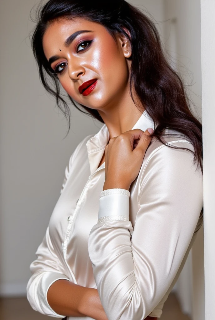 Indian mid age women in her forties wearing modern white silk see-through shirt and black trousers. First two buttons of her shirt is open, black bra is visible, smiling seductively, hair tied in a not, red lipstick