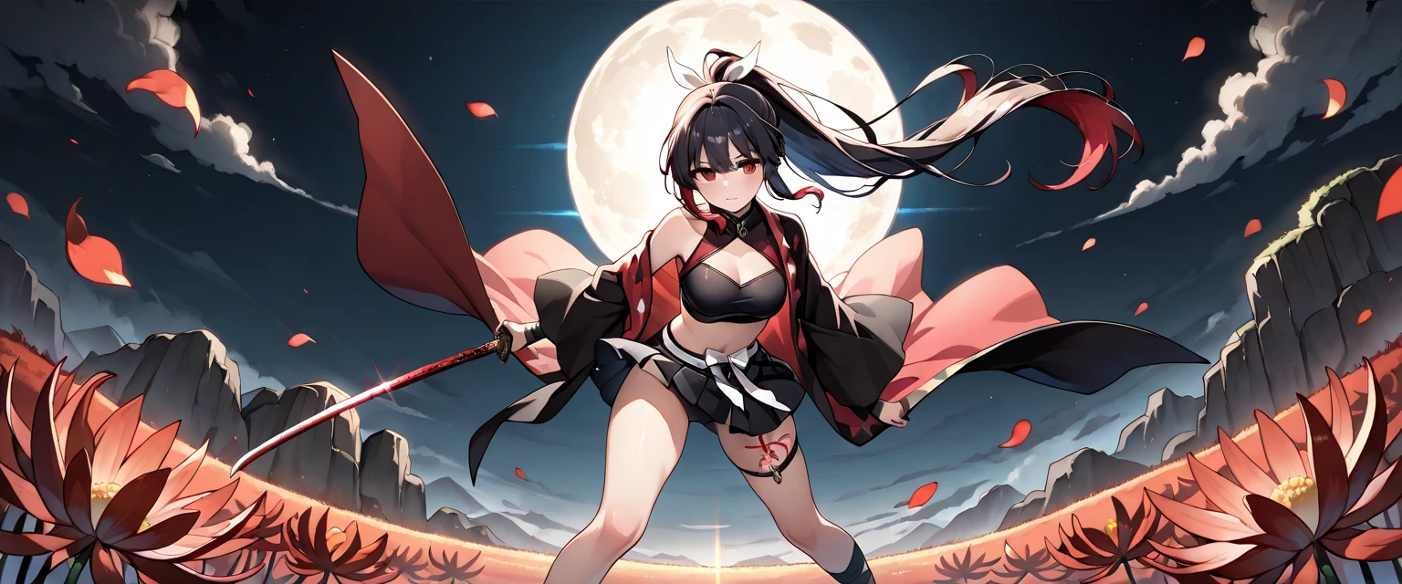 Solo,cleavage, haori, thick thighs, outstanding details, blood,big breasts ,moon, kimono, parted lips, katana,scar on chest,standing,