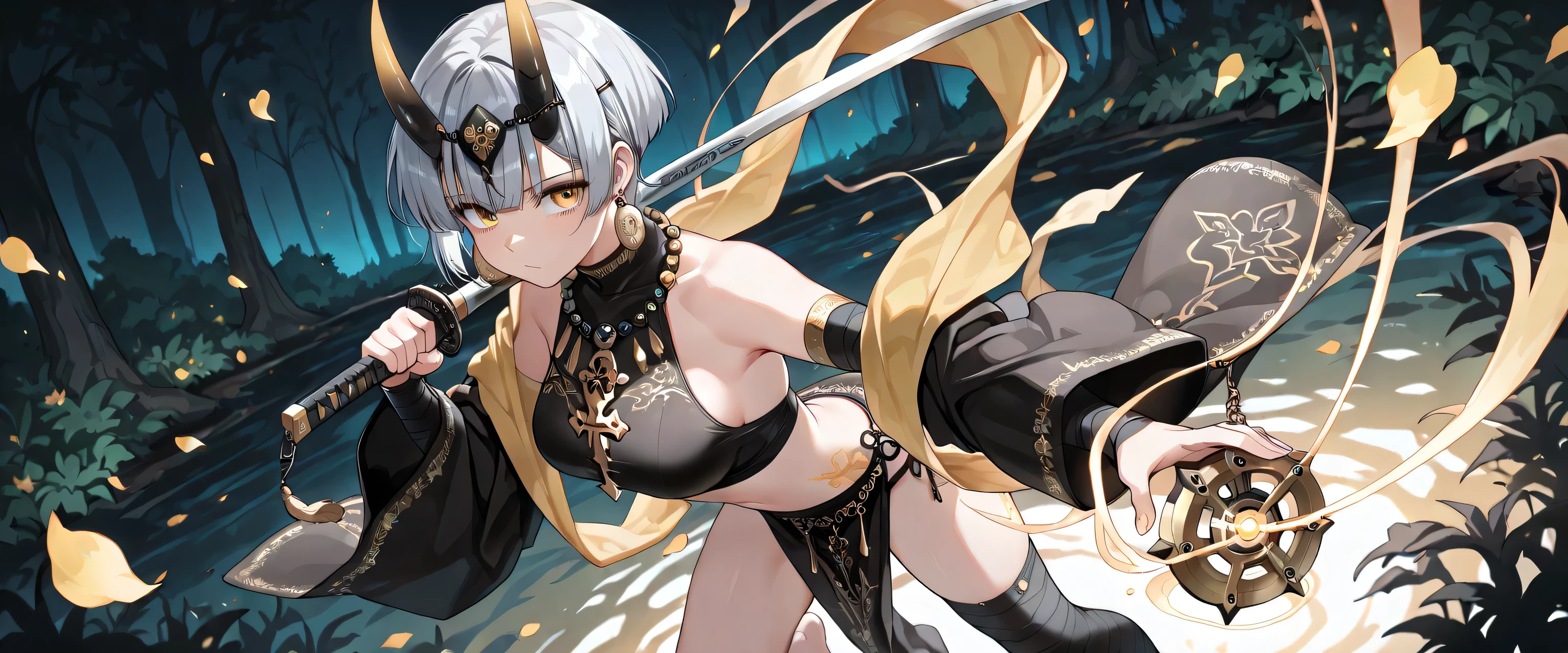 ((masterpiece, best quality, ultra detailed, high resolution, beautiful detailed face, beautiful detailed eyes, perfect hands, 4K)), (1 woman, solo), oni, one cute horn, (medium breasts), (girl with short pixie cut, straight bangs, soft layers, neat around ears and nape, silver platinum hair), ( wear a mustard yellow ceremonial robe decorated with colorful embroidery and a fur shawl over one shoulder. Her hair is styled in long braids adorned with yellow beads, and she wears a traditional headpiece with dangling ornaments over her forehead. She has large round earrings and a layered black beaded necklace. She holds a golden prayer wheel in her hand). She is wearing a delicate silver necklace with a small pendant. Her pose is playful and confident, as if caught mid-dance), black bandaged_arm, black bandaged_leg, barefoot, standing , Hold a katana in one hand and a sheath in the other, legs apart, looking at viewer:1.3,eye-level and over-the-shoulder shots, mid eyes level angle, A young woman is drawn in a 3/4 view, facing slightly to the right. Her left eye is fully visible, while the right one is partially hidden due to the angle of her head. Her nose bridges slightly out from the center, and the mouth follows the curve of the jawline, subtly indicating the perspective. a dark mysterious swamp filled with white spider lilies, ethereal mist floating above black water, glowing red petals, melancholic atmosphere, cinematic lighting, fantasy landscape, detailed environment, ornamental black lotus tattoo on mid chest,