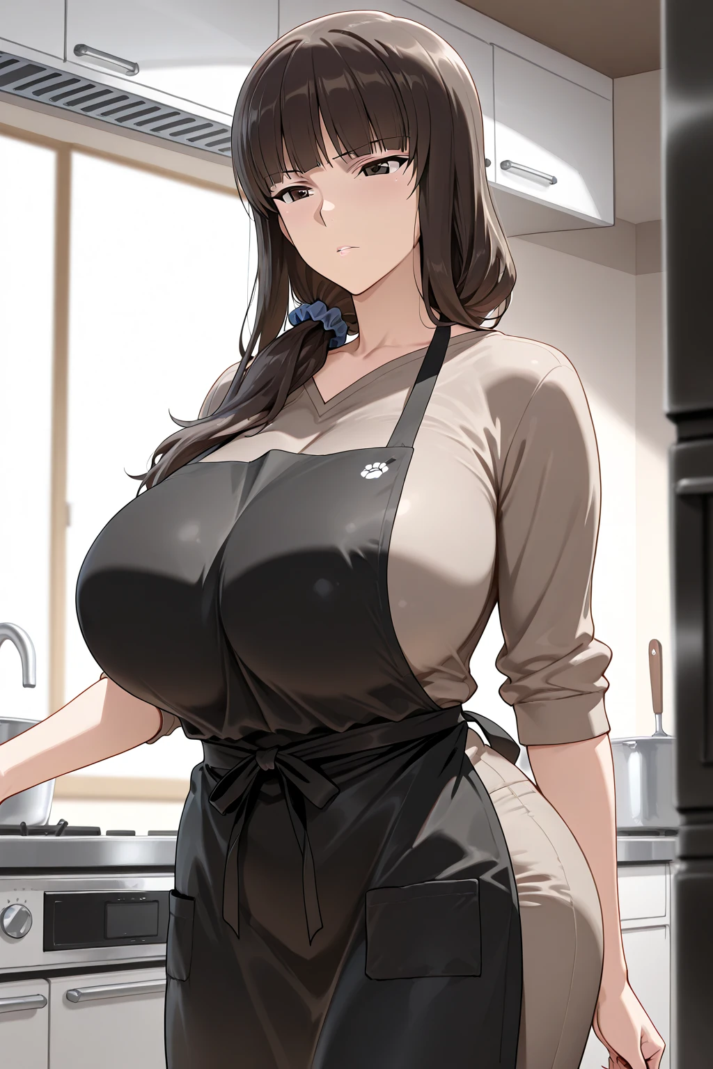 Long black hair, maid dress, massive sized boobs, thigh legs, maid cap on her head,short maid skirt, standing, brown colour eyes,ultra realistic detailed brown eyes, beautiful and perfect face, kitchen background, Carla Yeager, black hair