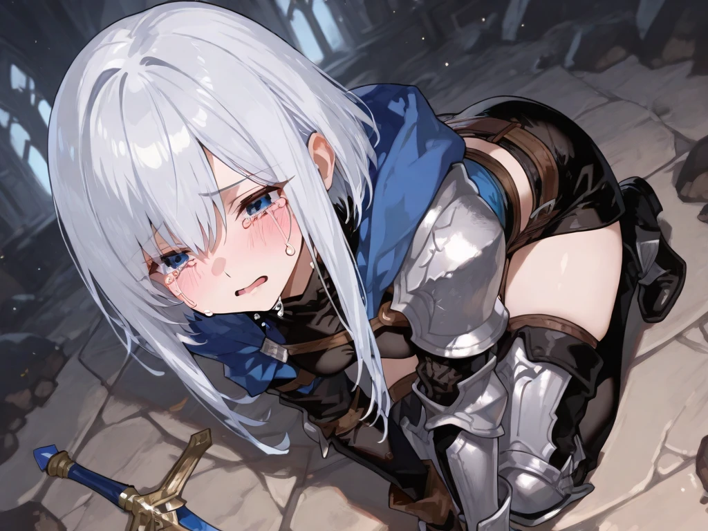 (((Silver ponytail))),(((dark skin))),20 year old Beautiful girl,masterpiece, best quality, ultra detailed, Photo taken from below, {best quality}, {very aesthetic}, {ultra-detailed}, {best illustration}, girl, solo, embarrassing, close eyes, pussy, (((peeing))), squat,legs apart,pubic hair, pained expression, (((energetic urine))),(((Deep underground cave))),(((black iron armor)),(((night)))