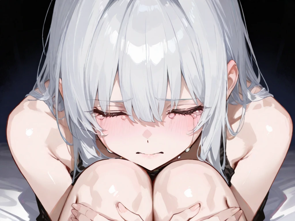 One naked girl、Garbage dump、Being tied up with hands behind back、Light purple hair、Nipples、Pussy、Crouching with legs apart、Knees up and legs apart、Crouching、Expressionless、Have empty eyes、Condensed milk is poured all over the hair、Condensed milk all over the face、The upper half of the body is covered in condensed milk.、Small breasts、Are pregnant