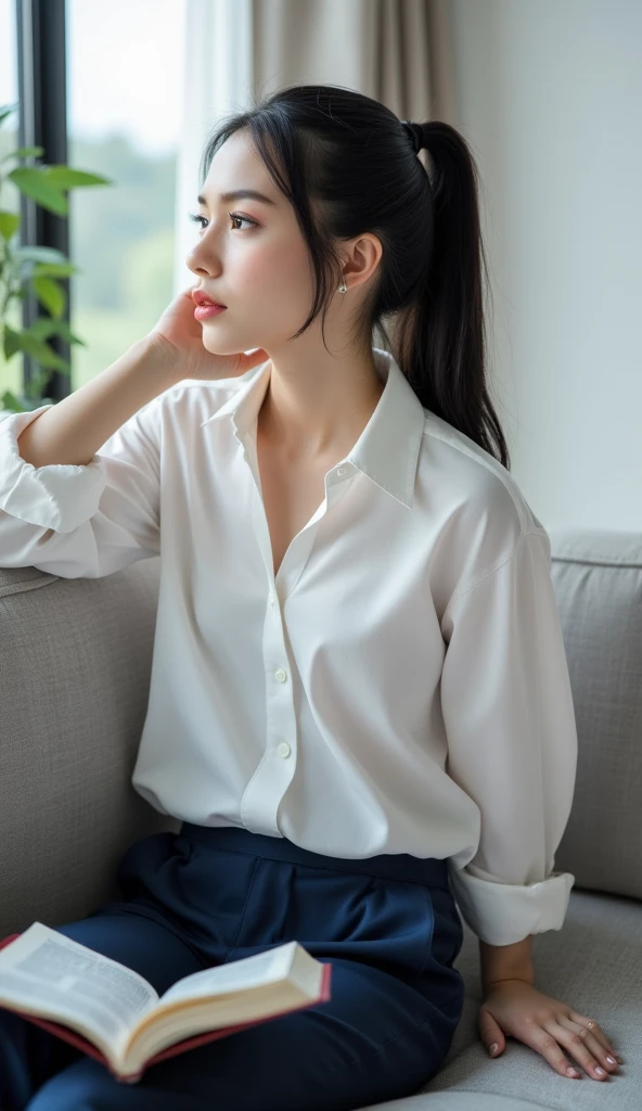 ((best quality, 8K, masterpiece)), ultra-detailed, sharp focus, 1 beautiful woman, updo, (white button shirt), (black tight skirt), highly detailed face and skin texture, ((detailed eyes)), ((beautiful eyes:1.2)), smile, cafe, sitting on a chair, latte, ((white panties))