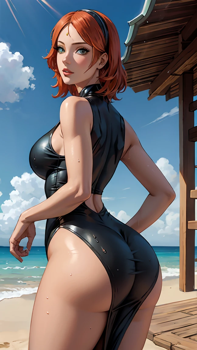 Beautiful woman colored hair, sitting cross-legged sweaty black bikini, long breasts, cyberpunk style realistic detailed, redhead,masterpiece, extreme quality, perfect eyes, perfect body, perfect face, cinematic light, digital drawing, neckline, large breasts,1girl only, 2 legs only, two arms,perfect body, mature female, soft, perfect and detailed hands, firing her gun, detailed beach background,  thick eyelashes, make up, eyeshadow, curvy, blonde