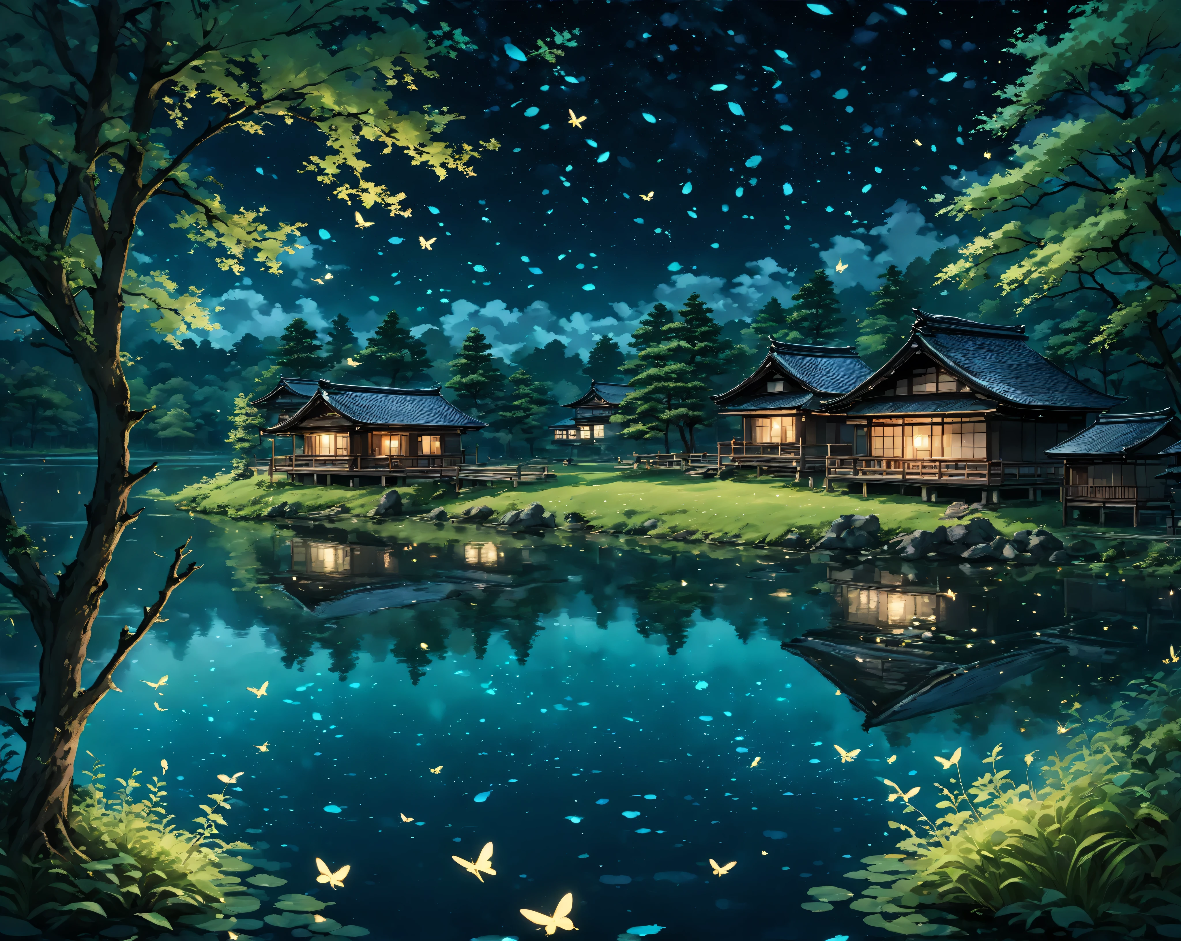 Evening Pond:1.5, ((Full shot:1.4)), ((beautiful lake at night in absolute darkness in local erea of Japan:1.5)),(Japanese traditional woden houses), ((fireflies flying around illuminating the lake:1.5)), ((ultra detailed:1.5)), in the water reflects the lights of the fireflies:1.2, idyllic, dreamy, fantasy:1.3)), dark environment soft moonlight reflecting in the water, ultra-realistic 8k, portrait, highly detailed 32k digital art, beautiful work digital art, ((bluish, cyan, brown colors: 1.2)), realistic digital art in 8k, soft lighting, (( Highly detailed: 1.4), (( masterpiece )), ( Hyper detailed and beautiful: 1.3), (Photorealistic: 1.4)
