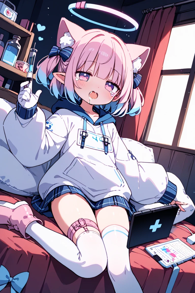 NSFW, Natsu, Natsu_Blue_Archive, short hair, white hoodie, black stockings, sparkly eyes, masturbation, 1 girl, bed, bedroom, sex toys