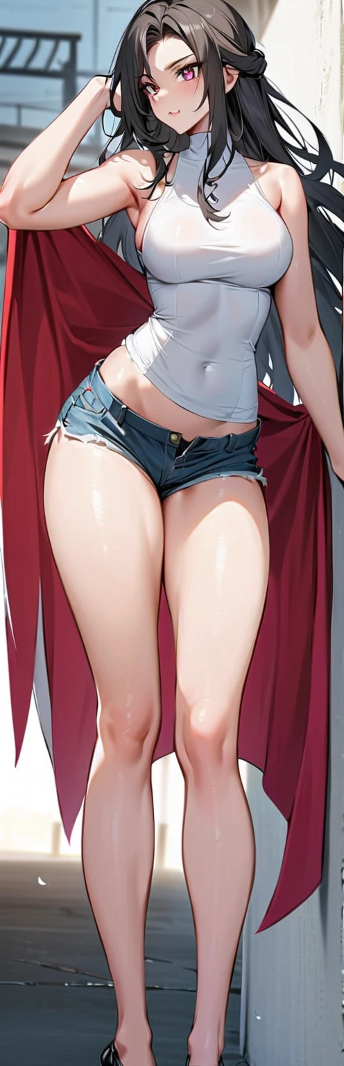 High resolution, woman , good lighting, despicable, , (No nudity), (((jean shorts))), ((sports bra)), (((leather thigh high boots))), (garter belt), abdomen only, (wet shorts), , cute face, I'Iは恥ずかしくて赤面します, humiliating, (()), ((black hair))