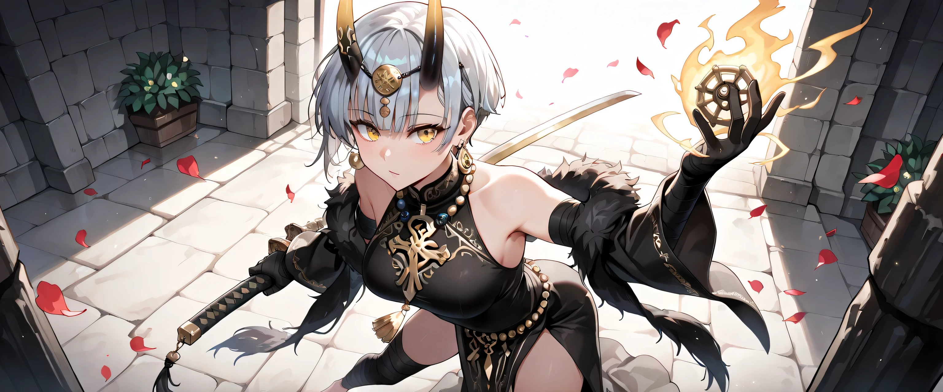 ((masterpiece, best quality, ultra detailed, high resolution, beautiful detailed face, beautiful detailed eyes, perfect hands, 4K)), (1 woman, solo), oni, one cute horn, (medium breasts), (girl with short pixie cut, straight bangs, soft layers, neat around ears and nape, silver platinum hair), ( wear a mustard yellow ceremonial robe decorated with colorful embroidery and a fur shawl over one shoulder. Her hair is styled in long braids adorned with yellow beads, and she wears a traditional headpiece with dangling ornaments over her forehead. She has large round earrings and a layered black beaded necklace. She holds a golden prayer wheel in her hand). She is wearing a delicate silver necklace with a small pendant. Her pose is playful and confident, as if caught mid-dance), black bandaged_arm, black bandaged_leg, barefoot, standing , Hold a katana in one hand and a sheath in the other, legs apart, looking at viewer:1.3,eye-level and over-the-shoulder shots, mid eyes level angle, A young woman is drawn in a 3/4 view, facing slightly to the right. Her left eye is fully visible, while the right one is partially hidden due to the angle of her head. Her nose bridges slightly out from the center, and the mouth follows the curve of the jawline, subtly indicating the perspective. a dark mysterious swamp filled with white spider lilies, ethereal mist floating above black water, glowing red petals, melancholic atmosphere, cinematic lighting, fantasy landscape, detailed environment, ornamental black lotus tattoo on mid chest,