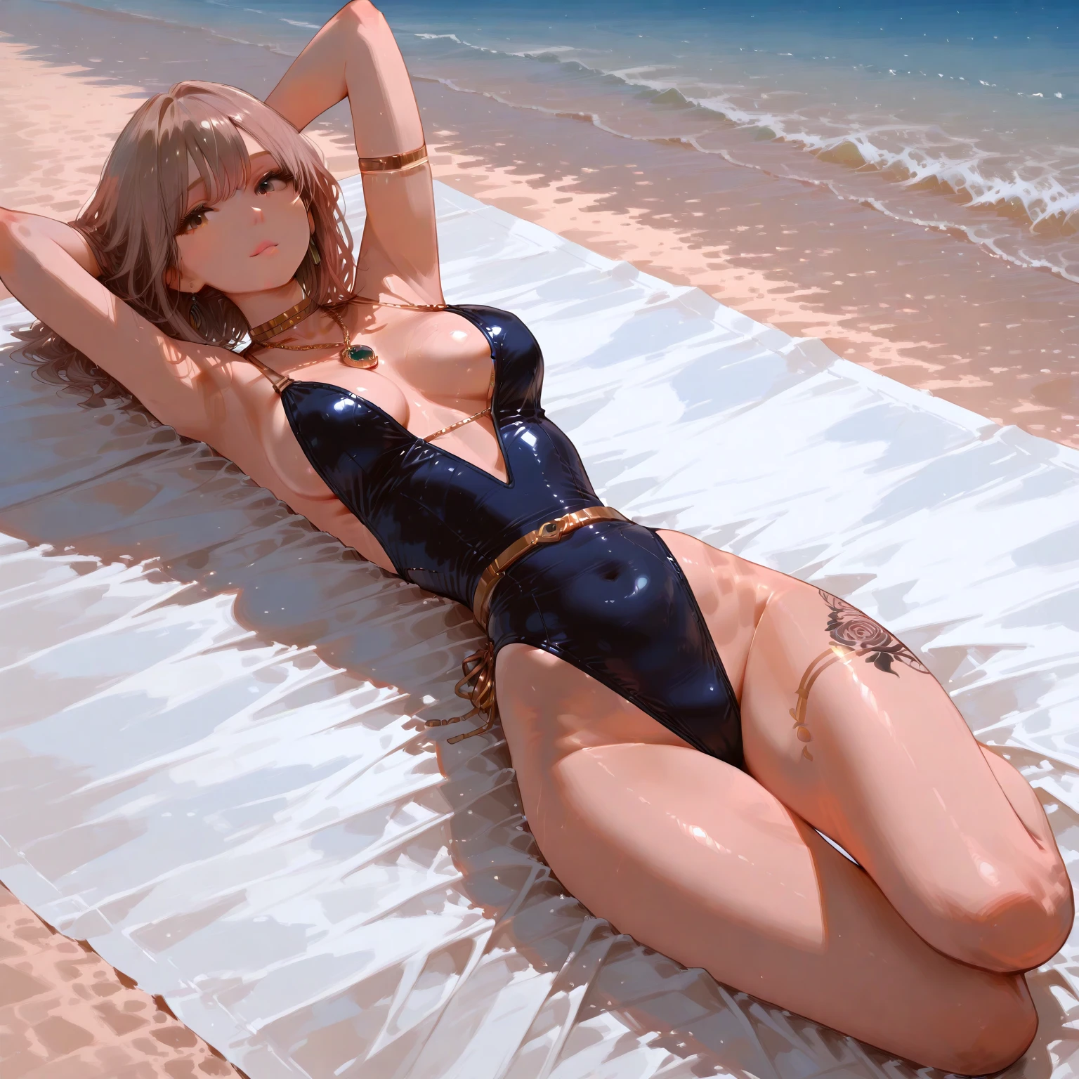 Silver long hair and flat chest，Hairpin，Dark blue sports，swimming briefs，thigh，lying down，ocean